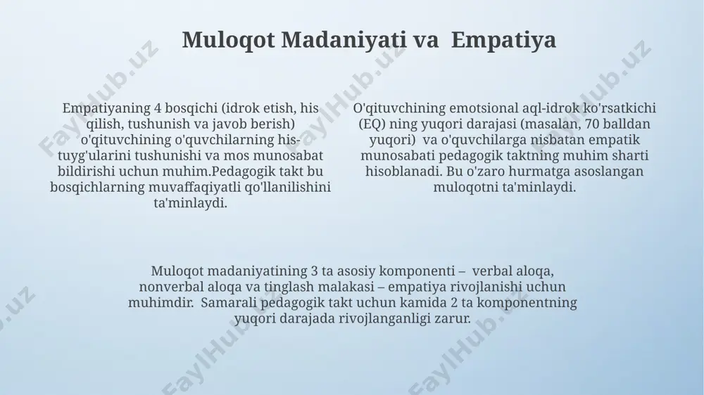 olat talabalarga teng imkoniyatlar yaratishni, 5-10 ball farqi bilan baholashda sub’ektivlikdan qochishni, shuningdek, har bir talabaning yutuqlarini ob’ektiv baholashni nazarda tutadi. pedagogik taktning muhim sharti – o‘quvchilarning individual xususiyatlarini, 3ta asosiy o‘rganish uslubini (vizual, auditor, kinestetik) hisobga olib, adolatli va ob’ektiv baholash tizimini qo‘llashdan iborat. e'tiboringiz uchun rahmat @taqdimot_robot image4.png image3.jpeg