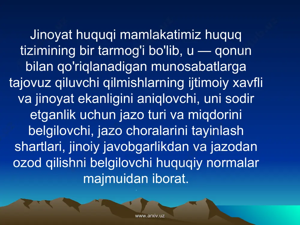kodeksi bilan qo'riqlanadigan obyektlar deganda, shaxs, uning huquqlari, jamiyat va davlat manfaatlari, mulk, tabiiy muhit, tinchlik, insoniyat xavfsizligi tushuniladi. masalan, biror-bir shaxsni urib, unga tan jarohati yetkazish inson sog'ligiga qarshi jinoyat hisoblanadi. www.arxiv.uz www.arxiv.uz jinoyat qonunida jinoyatning to'rtta belgisi ajratilgan: ijtimoiy xavflilik; g'ayriqonuniylik; ayblilik; jazoga loyiqlilik. www.arxiv.uz www.arxiv.uz jinoyatlar o'z xususiyati va ijtimoiy xavflilik darajasiga ko'ra jinoyatlar to'rt toifaga bo'lingan: ijtimoiy xavfi katta bo'lmagan jinoyatlar; uncha og'ir bo'lmagan jinoyatlar; og'ir jinoyatlar; o'ta og'ir jinoyatlar. www.arxiv.uz www.arxiv.uz jinoyat kodeksi ikki qismga umumiy va maxsus qismlarga bo'linadi. umumiy qismda jinoyat qonunchiligining vazifalari, uning amalda bo'lish doirasi, prinsiplari, javobgarlik va jazoning umumiy asoslari ifodalangan bo'lib, u: «umumiy qoidalar»; «javobgarlik asoslari»; «qilmishning jinoiyligini istisno qiladigan holatlar»; «jazo va uni tayinlash»; «javobgarlikdan va jazodan ozod qilish»; «voyaga yetmaganlar javobgarligining xususiyatlari»; «tibbiy yo'sindagi majburlov choralari» deb nomlangan 7 bo'limdan tashkil topgan. umumiy qism 1-97-moddalarni o'z ichiga qamrab oladi. www.arxiv.uz www.arxiv.uz maxsus qismda esa muayyan jinoyatlar va …