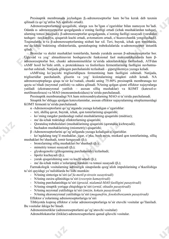 paratlar klinik tibbiyotning ko’p sohalarida keng qo’llaniladi (endokrinologiya, terapiya, xirurgiya, akusherlik va ginekologiya, gematologiya va boshqalar), shuning uchun adrenomimetiklarni patologik holatlarda qo’llanilishni, resept yozishni bilish talaba uchun xususiy farmakalogiya bo’limini o’zlashtirishda kata ahamiyatga ega. 4. fanlararo va fan ichidagi bog’liqlik ushbu mavzuni oqitish talabalarning gistologiya, normal va patologik fiziologiya bo’yicha bilimlariga asoslanadi. dars davomida olingan bilimlar terapiya, xirurgiya, akusherlik-ginekologiya, yuqumli kasalliklar va boshqa klinik yo’nalishlarni o’rganilganda zarur bo’ladi. 5. nazariy qism 5.1. nazorat uchun savollar: 1. adrenoreseptorlarning joylashish yerlari va bo’linishi qanday? 2. adrenomimetik preparatlarning tasnifi. 3. adrenalinning yurak qon tomir sisemasi, silliq mushaklar va moddalar almashinuviga ta’siri qanday? 4. adrenalinning ta’sir mexanizmi va nojo’ya ta’sirlari? 5. adrenalin va noradrenalinndan farqi qanday? 6. bronxospazmda qo’llaniladigan preparatlar? 7. mezatonning ta’sir samarasini ko’rsating? 8. efedrinning qo’llanishi uchun ko’rsatmalar? 9. izadrinning ta’sir mexanizmi? 10. izadrinning qo’llanilishi uchun ko’rsatmalar? 11. alfa-adrenomimetiklarning o’ziga xos ta’siri qanday ? 12. beta- adrenomimetiklarning o’ziga xos ta’siri qanday? 5.2. …