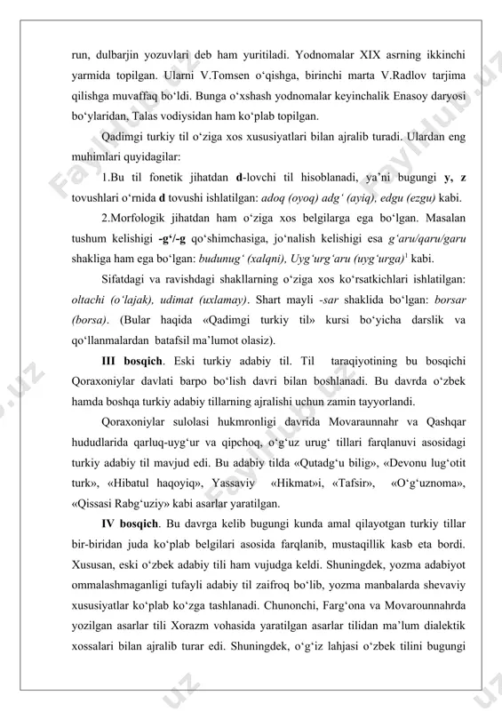 o‘llanmalardan batafsil ma’lumot olasiz). iii bosqich. eski turkiy adabiy til. til taraqiyotining bu bosqichi qoraxoniylar davlati barpo bo‘lish davri bilan boshlanadi. bu davrda o‘zbek hamda boshqa turkiy adabiy tillarning ajralishi uchun zamin tayyorlandi. qoraxoniylar sulolasi hukmronligi davrida movaraunnahr va qashqar hududlarida qarluq-uyg‘ur va qipchoq, o‘g‘uz urug‘ tillari farqlanuvi asosidagi turkiy adabiy til mavjud edi. bu adabiy tilda «qutadg‘u bilig», «devonu lug‘otit turk», «hibatul haqoyiq», yassaviy «hikmat»i, «tafsir», «o‘g‘uznoma», «qissasi rabg‘uziy» kabi asarlar yaratilgan. iv bosqich. bu davrga kelib bugungi kunda amal qilayotgan turkiy tillar bir-biridan juda ko‘plab belgilari asosida farqlanib, mustaqillik kasb eta bordi. xususan, eski o‘zbek adabiy tili ham vujudga keldi. shuningdek, yozma adabiyot ommalashmaganligi tufayli adabiy til zaifroq bo‘lib, yozma manbalarda shevaviy xususiyatlar ko‘plab ko‘zga tashlanadi. chunonchi, farg‘ona va movarounnahrda yozilgan asarlar tili xorazm vohasida yaratilgan asarlar tilidan ma’lum dialektik xossalari bilan ajralib turar edi. shuningdek, o‘g‘iz lahjasi o‘zbek tilini bugungi kunda ham turkiy tillarning o‘g‘iz guruhi bilan …