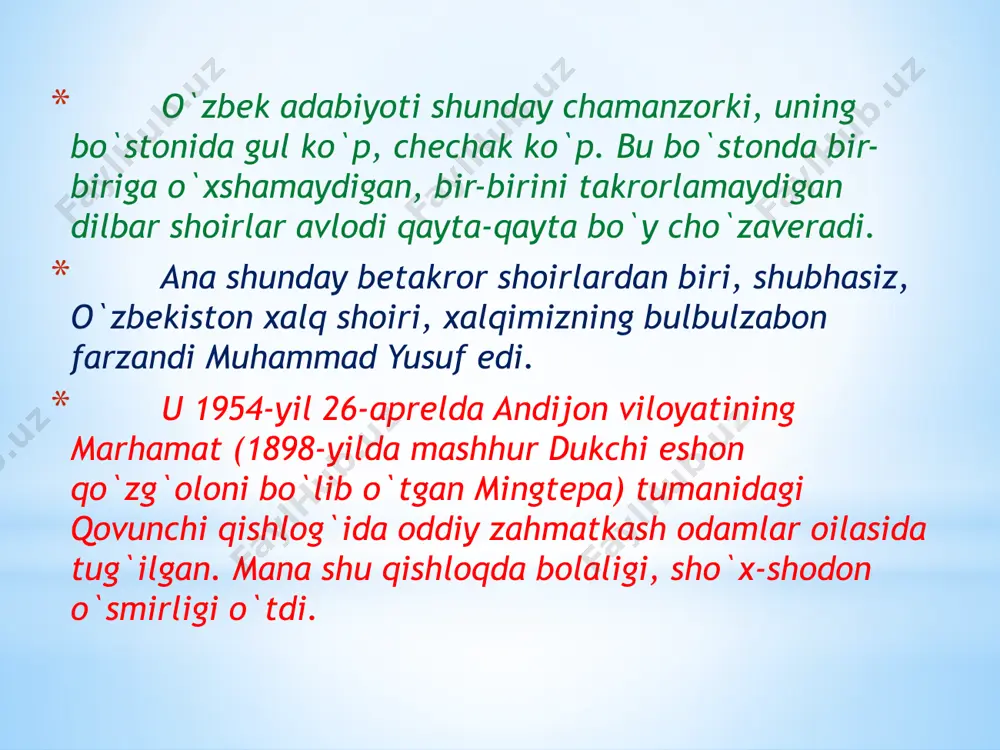 eshon qo`zg`oloni bo`lib o`tgan mingtepa) tumanidagi qovunchi qishlog`ida oddiy zahmatkash odamlar oilasida tug`ilgan. mana shu qishloqda bolaligi, sho`x-shodon o`smirligi o`tdi. u o‘nga yaqin she’riy to‘plamlarning, o‘nlab qo‘shiqlarning muallifi sifatida keng kitobxonlar qalb kirib ulgurgan. uning dastlabki she’rlari birinchi bor «o’zbekiston adabiyoti va san’ati» ro‘znomasida 1976 yilda chop etilgan. shundan so‘ng «tanish teraklar” (1985), «bulbulga bir gapim bor» (1987), «iltijo” (1988), «uyqudagi qiz» (1989) «halima enam allalari” (1989), «ishq kemasi» (1990), «ko‘nglimda bir yor” (1990), «bevafo ko‘p ekan» (1991), «erka kiyik» (1992) kabi jozibali she’riy to‘plamlari nashr etildi. 1989 yilda esa «uyqudagi qiz» nomli she’riy to‘plami uchun unga respublika yoshlar mukofoti berildi. u rostgo‘y shoir, halol va pokiza qalb egasi. shuning uchun ham uning she’riyati butun ma’naviyatga to‘la, muhabbat haqida kuylaydimi, bevafo yor haqida qo‘shiq to‘qiydimi yoki tariximiz, taqdirimiz haqida kuylaydimi hamisha hayotga, haqiqatga hamnafaslik sezilib turadi. uning she’rlari oddiy, ravon, soddaligi bilan xalq og’zaki ijodiga hamohang ko‘rinadi. o’zbekiston xalq shoiri …