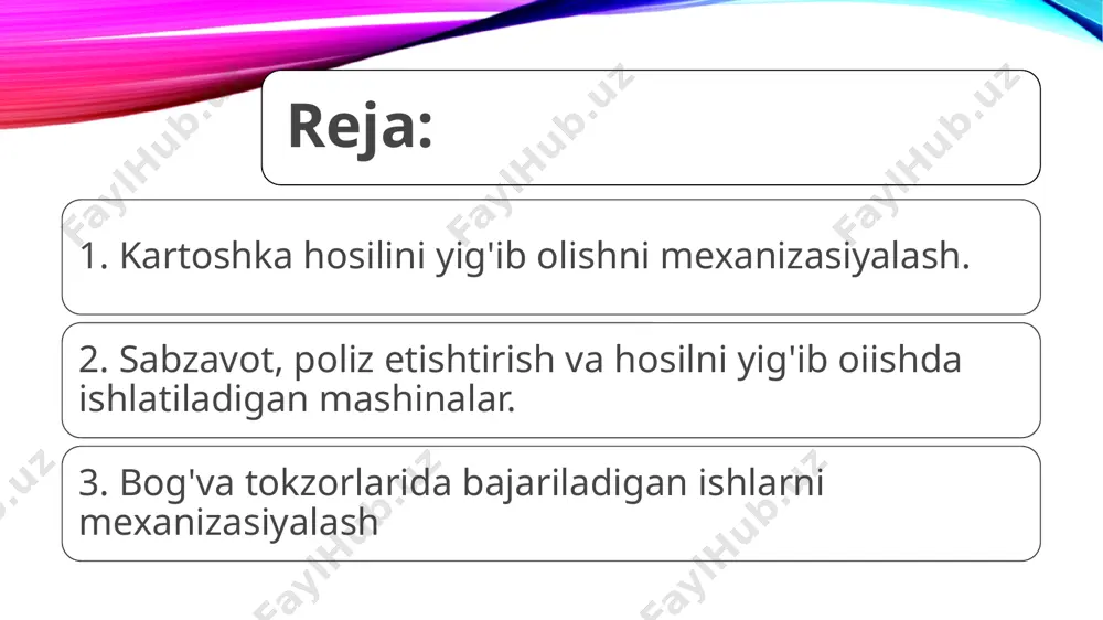 otgan trasportyor vositasiga o’tkazib beriladi, kartoshkani yig'ib olishda kku-2a, rusumli kombayinlar ishlatilishi raumkiu. bu kombayn kartoshkani tuproq va palakdan ajratib olish bilan birga barabansimon trasporter yordamida ajratish stoliga etkazib beradi. bu stol tuganaklarni tosh, kesak va o’simliklardan tozalash uchun mo’ljallangan. stolning ikki tomonida ishchi operatorlar turib ishlashlari uchun maydonchalar bor, ajratilgan kartoshka tuganaklari stol trasporter yordainida sig'imi 700-800 kg bo’lgan bunkerga uzatiladi. ajratmalar esa boshqa trasportyor yordamida dalaga tashlanadi. kombayn, yurishni sekinlashtirgich bilan jihozlangan mtz-80/82, dt-75, t-74 traktorlari bilan agregatlanadi. . sabzavot ekinlari hosilini yig'ib terib olish ishlarini mexanizasiyalashda npssh-12, pou-2 platformalari tn-12 trasportyor foydalanadi. bu mashinalar yordaraida oldinma ketin etiladigan sabzovot hosilining yalpi yoki saralab terib olish mumkin. npssh-12 o’rnatma plotforma bir necha stellajlardan: ikkita yon toraonidagi, ikkita o’rnatma hamda bitta ketiigi stellaj, oldingi va ketingi tup ko’targichlar, fermadan iborat. atrofiga sim tur tortilgan stellajlarda mevani yashiklarda yoki yashiklarsiz joylashtirish mumkin. tup ko’targichlar o’simlik va mevani g'ildiraklar bilan shikastlanishidan …