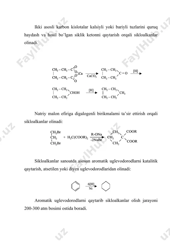 shli etilen uglevodorodlaridan farqlash mumkin. siklopropan va uning gomologlari odatdagi haroratda ishqoriy muhitda kaliypermanganat ishtirokida juda sekin oksidlanadilar. siklobutan va yuqori sikllar kaliypermanganat ishtirokida oksidlanmaydilar va bu bilan ular to’yingan uglevodorodlarni eslatadilar. sikloparafinlarni kuchli oksidlovchilar yordamida oksidlash natijasida ikki asosli kislotalar hosil bo’ladi: bu reaksiya yordamida neft tarkibida uchraydigan siklogeksandan foydalanib kaprolaktam, naylon-4,6 va geksametilendiamin uchun zarur bo’lgan adipin kislota olinadi. nitrolash. 5 va yuqori a’zoli sikllarni nitrolash to’yingan uglevodorodlarni nitrolashdagi kabi yuqori haroratda suyultirilgan nitrat kislota yordamida amalga oshiriladi. izomerlanish va disproporsiyalanish reaksiyalari. uch a’zoli sikloalkanlar yuqori harorat ta’sirida etilen uglevodorodlariga izomerlanadi: to’rt a’zoli sikllar etilen uglevodorodlari hosil qilib parchalanadilar: sakkiz va undan yuqori a’zoli sikllar yuqori haroratda besh va olti a’zoli sikllar hosil qilib izomerlanadilar. besh va olti a’zoli sikllar eng barqaror hisoblanadilar. siklopentanning alkilalmashgan hosilalari yuqori harorat, katalizator va bosim ostida olti a’zoli halqa hosil qilib izomerlanadilar. bu reaksiyadan sanoatda metilsiklopentandan siklogeksan hosil qilishda foydalaniladi: olti va …