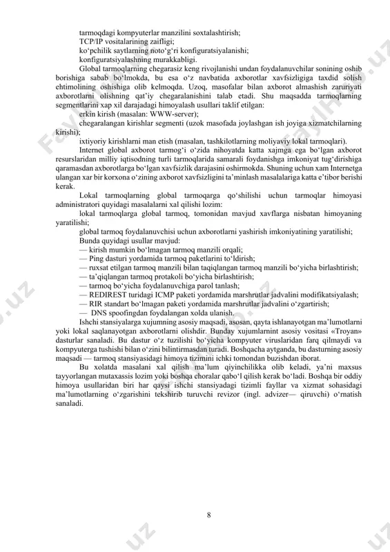 : smtp (simple mail transfer protocol); pop (post office protocol); imap (internet mail access protocol); mime (multi purpose internet mail extensions). bular bilan birma-bir tanishib chiqamiz: smtp — ushbu protokol asosida server boshqa tizimlardan xatlarni qabo‘l qiladi va ularni foydalanuvchining pochta ko‘tisida saqlaydi. pochta serveriga interaktiv kirish xuquqiga ega bo‘lgan foydalanuvchilar o‘z kompyuterlaridan bevosita xatlarni o‘qiy oladilar. boshqa tizimdagi foydalanuvchilar esa o‘z xatlarini ror-3 va imap protokollari orqali o‘qib olishlari mumkin; pop — eng keng tarkalgan protokol bo‘lib, serverdagi xatlarni, boshqa serverlardan qabul qilingan bo‘lsa-da, bevosita foydalanuvchi tomonidan o‘qib olinishiga imkoniyat yaratadi. foydalanuvchilar barcha xatlarni yoki xozirgacha o‘qilmagan xatlarni ko‘rishi mumkin. xozirgi kunda pop ning 3-versiyasi ishlab chiqilgan bo‘lib va autentifikatsiyalash usullari bilan boyitilgan; imap — yangi va shu bois ham keng tarqalmagan protokol sanaladi. ushbu protokol quyidagi imkoniyatlarga ega: pochta qutilarini yaratish, o‘chirish va nomini o‘zgartirish; yangi xatlarning kelishi; xatlarni tezkor o‘chirish; xatlarni qidirish; xatlarni tanlab olish. imar sayoxatda …