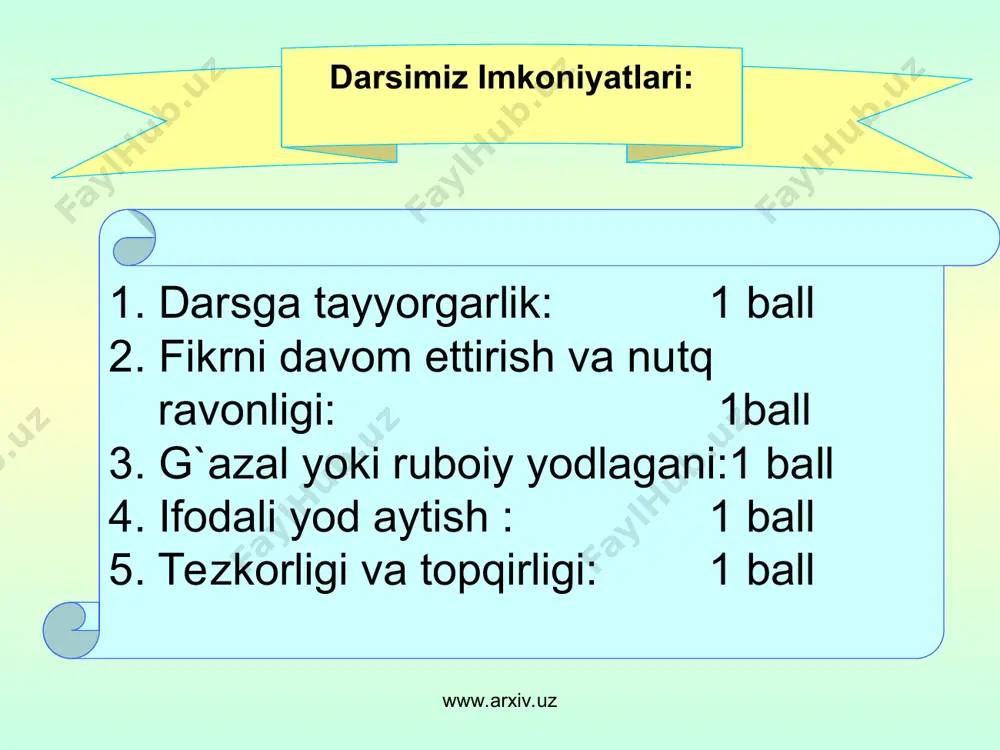 vafot etgan joy nomi. 3 www.arxiv.uz 1 g` 2 a z 4 n 5 a www.arxiv.uz iv guruh – mushtariy yulduzi boburning onasi chingiz- xon o`g`illaridan qaysining avlodi hisoblanadi? 2. boburning otasi. 3. “boburnoma” qaysi tilga 3 marta tarjima qilingan? 4. bobur samarqandni egallash uchun kimning qo`shini bilan jang qildi? 5. bobur vafot etgan joy nomi. 3 www.arxiv.uz 1 ch i g` a t o y 2 u m a r sh a y x f r a n s u z 4 sh a y b o n i y x o n 5 a g r a www.arxiv.uz v guruh – qutb yulduzi 1. bobur yaratgan yangi yozuv. 2. boburning o`g`il- laridan birining ismi. 3. boburning ibrohim lo`diy bilan jangi qanday nomlanadi? 4. bobur xokini qobulga ko`chirgan nabirasi. 5. boburning aruz vazniga bag`ishlangan 1 www.arxiv.uz o 2 y 3 i 4 sh 5 a www.arxiv.uz v guruh – …