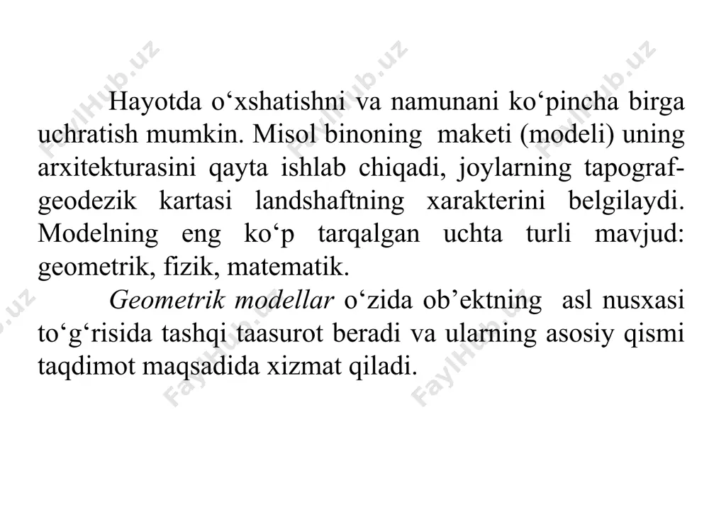 qaysi turlarini bilasiz? obyektni modellashtirish deganda nimani tushunasiz? modellashtirish bosqichlari. nima uchun iqtisodiyotda matematikani qo‘llash zarur? model va modellashtirish tushunchalari nima? modelning adekvatligi nima? modelning qanday o‘zgaruvchilari ekzogen, qanday o‘zgaruvchilari endogen deb aytiladi? adabiyotlar: 1.g.shodmonova, «yer tuzishda iqtisodiy-matematik usullar va modellar» fanidan o’quv qo’llanma.t., 2007y 2.g.shodmonova, «iqtisodiy-matematik usullar va modellar» fanidan darslik .t., 2013y