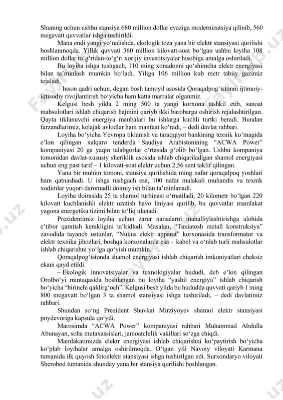 b chiqarish rejalari bayon qilindi. jumladan, mis, noyob metallar, magniy, litiy va grafit zaxiralarini o‘zlashtirish, uglevorod xomashyosi bo‘yicha qidiruv ishlarini kengaytirish masalalari ko‘rib chiqildi. davlatimiz rahbariga mamlakatimiz kimyo sanoatida amalga oshiriladigan loyihalar to‘g‘risida ham axborot berildi. xususan, umumiy maydoni 31 gektardan ortiq “chirchiq” kimyo industrial texnoparki barpo etilmoqda. 2022 yilda texnopark hududida jami 16,5 million dollarlik loyihalarni amalga oshirish, jumladan, polimer termoelastoplast komponentlari, ko‘piktirilgan polipropilen, mikrobiologik preparatlar, qog‘oz, kosmetika mahsulotlari ishlab chiqarishni yo‘lga qo‘yish mo‘ljallangan. toshkent viloyatida fosforli va murakkab turdagi mineral o‘g‘itlar, “navoiyazot” negizida esa kaliy nitrat va sulfat, metanoldan propilen va boshqa kimyoviy mahsulotlar ishlab chiqarishni tashkil etish, sohaga raqamli texnologiyalarni joriy qilish, kimyoviy ilmiy-ishlab chiqarish va ta’lim klasterini tashkil etish loyihalari ko‘rib chiqildi. inson qadri tamoyili asosida qoraqalpogʻistonni ijtimoiy-iqtisodiy rivojlantirish boʻyicha katta marralar belgilandi prezident shavkat mirziyoyev hududlardagi bunyodkorlik ishlari, yirik loyihalar va aholi hayoti bilan tanishish maqsadida qoraqalpogʻiston respublikasida boʻldi. davlatimiz rahbari 24-fevral kuni beruniy tumaniga …