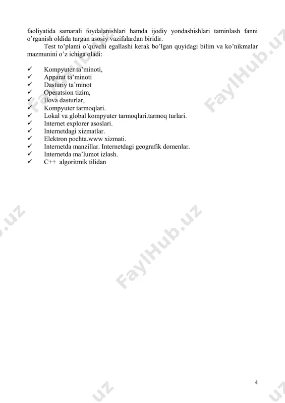 1 marta bosiladi d) sichkon ung tugmasi 2 marta bosiladi e) sichkon chap tugmasi bosib suriladi 6. windows 3.11 va windows 98 lar orasidagi asosiy farklardan biri? a) windows 3.11 operatsion sistema, windows 98 kobik dastur b) windows 3.11 kobik dastur, windows 98 operatsion sistema c) windows 3.11 yordamchi dastur, windows 98 kobik dastur d) windows 3.11 kobik dastur, windows 98 yordamchi dastur e) farki yuk 6 7. ish stolida joylashgan dasturni ochish uchun nima kilish kerak? a) belgi ustida sichkon chap tugmasini 1 marta bosish b) belgi ustida sichkon chap tugmasini 2 marta bosish c) belgi ustida sichkon ung tugmasini 1 marta bosish d) belgi ustida sichkon ung tugmasini 2 marta bosish e) chetda sichkon tugmasini bosish 8. korzinaga tashlangan axborotni… a) tiklash, surish mumkin b) tiklash, uchirish mumkin c) kuchirish, surish mumkin d) nusxalash, surish mumkin e) almashtirish, tiklash mumkin 9. darchalarni nimalardan foydalanib yopish kulay? a) alt …
