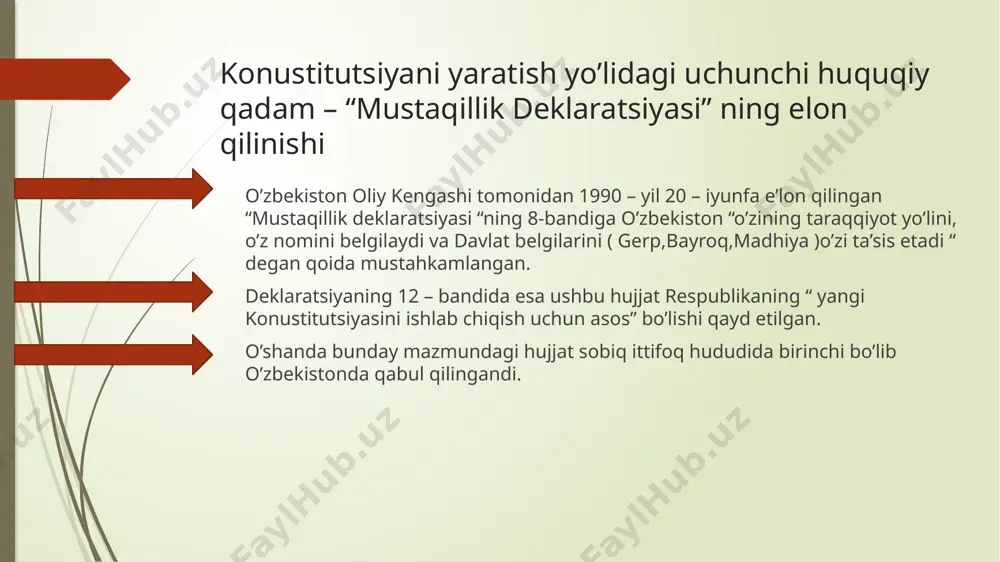 ir mulohazalar bildirilgan 600 taga yaqin xat kelib tushdi. respublika matbuotining o’zida konustitutsiya loyxasiga bag’ishlangan 100 dan ortiq matereialar elon qilindi. fuqorolarimiz bildirgan takliflar soni 5000 dan oshib ketti. konustitutsiyani yaratish yo’lidagi to’qqizinchi huquqiy qadam – konustitutsiya loyhasini 2 marta matbuotga umumhalq muhokamasi uchun e’lon qilinishi. konustitutsiya loyxasi o’tkazilgan muhokamalar davomida kelib tushgan takliflar asosida ancha tuzatildi va qayta ishlandi. so’ngra, 1992 – yil 21 – noyabrda umumxalq muhokamasini davom ettirish uchun konustitutsiya loyxasi 2- -marta gazetalarda chop etildi. shunday qilib, huquqiy pretsedent – 2 – bosqichli muhokamasi yuz berdi. ushbu xolat, bir tomondan, muhokama ishtirokchilarini faollashtirish uchun qudratli rag’bat vazifasini bajargan bo’lsa, 2 – tomondan asosiy qonunimizning xalqchilliging taminladi. konustitutsiya loyihasini o’zi keng jamoatchilik ekispirtizasidan o’tdi. konustitutsiya loyxasining yangi varyantida umumxalq muxokamasining dastlabki bosqichida kelib tushgan ko’plab fikir – mulohazalar va takliflar o’z ifodasini topdi. fuqorolarimizning konustitutsiyaviy komissiya tomonidan ularning ovozi eshitilganiga, takliflari tegishli ravishda ko’rib chiqilib inobatga olinganiga …