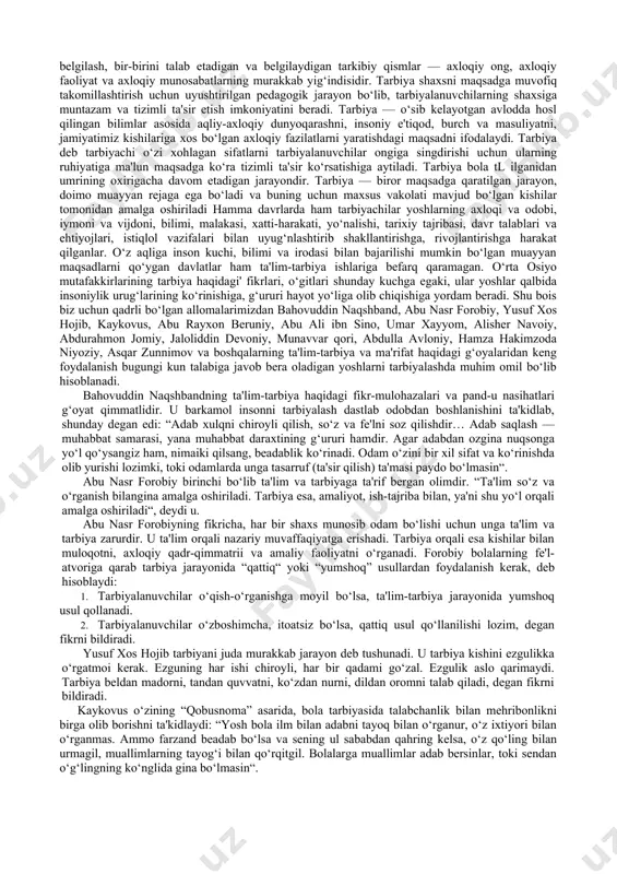 il qilindi. natijada milliylikni ajdodlardan avlodlarga boyitib yetkazuvchi jarayon - milliy tarbiyaning tobora zaiflashuvi yuzaga keldi. mafkuraviy maqsadlar ostida rang-barang milliy qadriyatlarni o‘zaro aloqada yuksaltirish emas, balki bir xillashtirish harakati rag‘batlantirildi. antropologlarning shahodat berishlaricha, odamning tashqi ko‘rinishi kechki paleolit - kromanonlar davridan buyon o‘zgarmasdan kelmoqda. bu fikrning zamonaviy fanlar tomonidan tasdiqlanganligi odamning biologik evolyutsiyasi tugallanganligini bildiradi. odamdagi evolyutsion rivojlanishning yakunlanishi esa undagi madaniy rivojlanishni boshlab beradi. odamda oliy taraqqiy etgan turlarga xos bo‘lgan emotsional-instinktiv xususiyatlar genetik meros sifatida mavjud bo‘lib, bu xususiyatlarni chaqaloq dunyoga kelganida, uning rivojlanishining ilk oylarida kuzatish mumkin. ijtimoiylashuv (sotsializatsiya) esa odam mohiyatini go‘daklikdan boshlab kamolatga erishuv tomonga o‘zgartira boradi. inson o‘zining ijtimoiy-madaniy rivojlanishi jarayonida ajdodlarining milliy qadriyatlarini ijodiy o‘zlashtiruvchi, zamoniylashtiruvchi, boyituvchi va o‘zgartiruvchidir. ana shu insoniy burchlarning har bir shaxs tomonidan mukammal bajarilishi ijtimoiy taraqqiyotning boy, rang-barang madaniy oqimlarini hosil qiladi, saqlab turadi. shu nuqtai nazardan, har bir inson o‘zida tarixiy, ijtimoiy, madaniy-milliy ko‘rsatkichlarni mujassamlashtiruvchi tarbiya …
