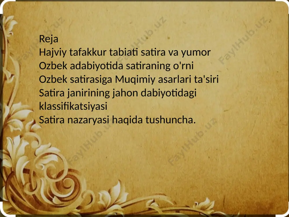 araqqiy etgan. navoiy, turdi, maxmur, gulxaniy, hoziq, muqimiy, zavqiylar satira janrida ijod qildilar. satiraning keyingi taraqqiyoti hamza, qodiriy, gʻozi yunus, soʻfizoda, gʻafur gʻulom, abdulla qahhor, said ahmad, n. aminov, s. siyoyev va boshqa nomi bilan bogʻliq. muqimiy dunyoqarashi va intilishlari bilan muhit oʻrtasidagi ziddiyat uning ijodida tanqidiy yoʻnalishni maydonga keltirgan. bu uning xajviyotida koʻproq aks etgan. hajviyoti mazmunan satira va yumorga boʻlinadi. satiralarida chor amaldorlari, ayrim mahalliy boylarning kirdikorlari ochib tashlangan („tanobchilar“, „toʻy“, „moskovchi boy taʼrifida“, „hajvi viktor boy“, „voqeai viktor“ va boshqalar)- „saylov (adabiyot)“, „dar mazammati zamona“ va boshqalarda oʻlkaga kirib kelayotgan kapitalistik va gʻayriaxloqiy munosabatlar hamda ularning oqibatlari koʻrsatilgan. baʼzan, oʻsha davrdagi hukmron qarashlarga ergashib, dukchi eshon haqida ham hajviy asarlar yozgan („hajvi halifai mingtepa“). ot, arava, loy, pashsha, bezgak kabi mavzularda 30 ga yaqin hajviy asar yaratgan. ularda shoir turmushning qoloq va chirkin tomonlari, ijtimoiy ongdagi nuqsonlar ustidan kulgan, mustamlakachilik azobi, harobalikni zaharxandalik bilan tasvirlagan („devonamen“, „koʻsamen“ …