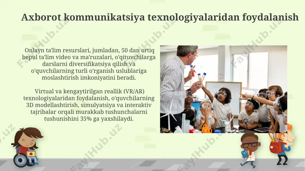 o'nikmalarini rivojlantirish uchun 5-10 ta turli xil yozuv mashqlarini muntazam ravishda qo'llash samaradorligini oshiradi va fikrlash jarayonlarini tezlashtiradi. baholashning yangi usullari o‘z-o‘zini baholash texnikasi o‘quvchilarning 70% da o‘z bilimlarini xolis baholash ko‘nikmalarini rivojlantirishga, shuningdek, o‘qituvchilarga individual qiyinchiliklarni aniqlashga yordam beradi. rubrikali baholash tizimi 4 darajali shkala orqali o‘quvchilarning 10 ta ko‘rsatkichni (masalan, yozma ishlar, og‘zaki javoblar) aniq va ob’ektiv baholash imkonini beradi, bu esa shaffoflikni oshiradi. innovatsiyalarni joriy etishdagi muammolar va ularni bartaraf etish yo'llari innovatsion usullarni qo'llashda o'qituvchilarning 45%ida raqamli savodxonlik darajasi yetarli emas; bu muammoni hal qilish uchun doimiy malaka oshirish kurslari va onlayn platformalardan foydalanishni kengaytirish zarur. innovatsiyalarni joriy etishda pedagoglarning 30%i resurslar yetishmasligi, jumladan, zamonaviy texnologiyalar va o'quv materiallari etishmasligidan shikoyat qiladi; bu muammoni hal qilish uchun davlat tomonidan moliyalashtirishni ko'paytirish va grantlarni taqdim etish zarur. interfaol o'quv uslublari samarali interfaol darslar 70% dan ortiq vaqtini talabalar o'zlashtirish va muhokama qilishga bag'ishlashadi, bu esa an'anaviy usullarga …