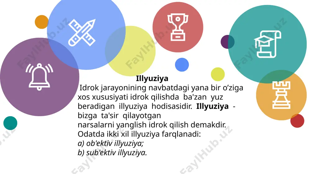 tiyorsiz xotiraning turmushda va faoliyatda katta o’rin egallashini har kim o’z shaxsiy tajribasidan biladi. so’z-mantiq xotirasi mazmunini fikr va mulohazalar, aniq hukm hamda xulosa chiqarishlar tashkil etadi. insonda fikr va mulohaza turli xil shakllar yordamida ifodalanganligi tufayli ularni ifodalash faqat o’zlashtirilayotgan materiallarning asosiy ma'nosini izohlash, talqin qilib berish yoki ularni so’zma- so’z ifodalanishini aynan aytib berishga qaratilgan bo’lishi mumkin. xotiraning individual farqlari kishi faoliyatining xususiyatiga bog’liqdir. esda olib qolish va unutish tezligiga ko’ra xotiraning quyidagi tiplari mavjud: 1) tez esda qoldirib, sekin unutish; 2) tez esda qoldirib, tez unutish; 3) sekin esda qoldirib, sekin unutish; 4) sekin esda qoldirib, tez unutish. tafakkur tafakkur haqida tushuncha tafakkur deb narsa va hodisalar o’rtasidagi eng muhim bog’lanishlar va munosabatlarning ongimizda aks ettirilishiga aytiladi. abstraksiya (lot. abstractio mavxumlashtirish) - narsalarnnng o’ziga xos belgi va xususiyatlarini, ular o’rtasidagi bog’lanishlarni, narsalarning muhim belgi va xususiyatlarini ajratib olishga qaratilgan fikrlash operasiyasi. intuisiya (lot. intueri - yaxshilab, diqqat …
