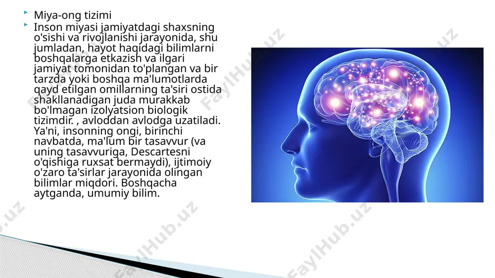 muayyan munosabat va gʻoyalar tizimi . akademik e.n.sokolov ongni „shaxsiy (sub’ektiv) tajribalar oqimi ya'ni tasvirlar, fikrlar, niyatlar va his-tuygʻularning oʻzgarishi“ deb taʼriflagan. "miya tuzilmalarida paydo boʻladigan ong — bu tashqi kuzatuvchiga erishib boʻlmaydigan shaxsiy xususiyatdir[5]". fikrlash ham, tasavvur ham muammoli vaziyatda yuzaga keladi va shaxsning ehtiyojlaridan kelib chiqadi. ikkala jarayon ham etakchi aks ettirishga asoslangan. vaziyat, vaqt miqdori, bilim darajasi va ularning tashkil etilishiga qarab, bir xil vazifani ham tasavvur, ham tafakkur yordamida hal qilish mumkin. farqi shundaki, tasavvur jarayonida amalga oshiriladigan voqelikni aks ettirish jonli tasvirlar shaklida sodir boʻladi, tafakkur jarayonlarida oldindan koʻrish esa umumlashtirish va bilvosita bilish imkonini beradigan tushunchalar bilan ishlash orqali sodir boʻladi. muhit. u yoki bu jarayondan foydalanish, birinchi navbatda, vaziyatga bogʻliq: ijodiy tasavvur, asosan, vaziyatning noaniqligi etarlicha katta boʻlgan bilish bosqichida ishlaydi. shunday qilib, tasavvur sizga toʻliq boʻlmagan bilim bilan ham qaror qabul qilishga imkon beradi. mikroskopiya va diagnostik tasvirlashtirishning boshqa usullaridagi eng muhim …