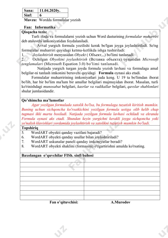 bilan joylashtiriladi? 7. wordart uskunalar paneli qanday imkoniyatlar beradi? 8. wordart obyekti shaklini (formasini) o'zgartirishni amalda ko'rsating. baxolangan o’quvchilar fish. sinfi bahosi fan o’qituvchisi: a.murodov sana: 16.04.2020y. sinf: 6 mavzu: wordda hujjatni chop etish fan: informatika qisqacha tezis: tayyor hujjatni qog'ozga chop etish vaqti yetdi. o'zingiz, tayyorlagan rasmlar, chizmalar va jadvallarga boy hujjatlarni qog'ozda qanday ko'rinishda aks etishini ko'rishni hohlasangiz, bu mavzuni chuqur o'zlashtirib olishingiz zarur. hujjatni qog'ozga chop etish uchun chop etish (печать) piktogrammasini bosish kifoya. hujjatni chop etish parametrlarini o'zgartirish uchun fayl menyiisininy chop etish (печать) bo'limi tanlanadi. ekranga chop etish (печать) lavhasi chiqadi. chop etish lavhasi printer (принтер), sahifalar (страницы), nusxalar (копии), masshtab (масштаб), qamrov (включить), chop etish (напечатать) bandlaridan iborat qo’shimcha ma’lumotlar hujjatni kitobcha shaklida chop etishda ehtiyojga qarab, o'ng tomondan yoki yuqoridan muqovalash ham mumkin. buning uchun buklet maketida tegishli ko'rsatma tanlanadi. topshiriq 1. uskunalar panelidagi qaysi piktogramma yordamida hujjatni chop etish mumkin? 2. qaysi …