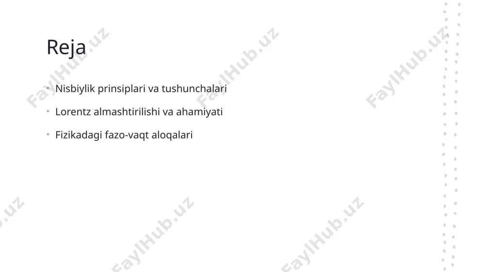o'zaro bog'liqlikni anglash. 1 nisbiylik tamoyillari - nisbiylik prinsipi, har qanday jismning harakati va energiyasi bilan bog‘liq bo‘lgan tamoyillar to‘plamidir, u fazo va vaqtni birlashtiradi. 2 fazoviy o'zgarishlar - lorentz transformatsiyasi orqali fazoviy o'zgarishlar hisobga olinadi, bu harakatdagi jismning kuzatuvchi tomonidan qanday ko‘rilishini aniqlaydi. 3 vaqtning ta'siri - nisbiylik nazariyasi bo‘yicha vaqt, harakat holatiga bog‘liq ravishda o‘zgaradi. bu jarayon, kuzatuvchilar o‘rtasidagi vaqt farqini keltirib chiqaradi. nisbiylik prinsiplari: zamonaviy fizikada qo'llanilishi. zamonaviy fizika nisbiylik prinsiplari zamonaviy fizikada asosiy o'rin egallaydi, masalan, kvant mexanikasi va astrofizikada ularning qo'llanilishi muhimdir. tezlik va energiya lorentz almashtirilishi, tezlik va energiya o'rtasidagi bog'liqlikni tushunishga yordam beradi, bu esa yuqori tezlikda harakatlanuvchi jismlar uchun zarur. kosmik tadqiqotlar nisbiylik nazariyasi, koinotdagi yulduzlar va galaktikalar orasidagi masofalarni o'lchashda, kosmik tadqiqotlar uchun muhim ahamiyatga ega. lorentz almashtirilishi: nisbiylik nazariyasining asosiy tushunchalari. lorentz almashtirilishi tezlik va vaqt fazoviy o'zgarishlar lorentz almashtirilishi, nisbiylik nazariyasining muhim qismi bo'lib, vaqt va fazoni o'zaro bog'laydigan …