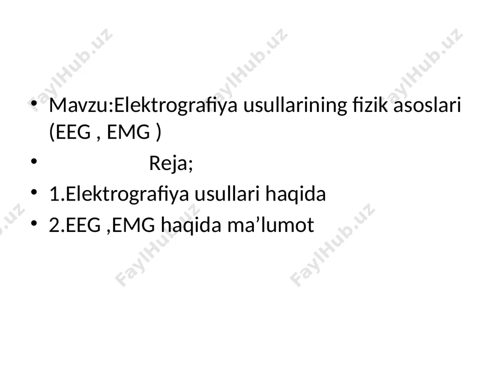 holatlarini ham qayd qilishi mumkin. zamonaviy e. apparatlari koʻp kanalli (koʻp tarmokli) boʻlib, uning har bir kanali mustaqil kuchaytirish, filtrlash bloki (keraksiz toʻlqinlardan tozalash uchun va boshqalar), bosh miyaning barcha qismlaridan keragini tanlash uchun toʻplash (kommutator) bloki va oʻziyozar (siyohli) gʻaltakli galvanometr bilan taʼminlangan. hozirgi elektroensefalograf apparatlari 8—24, baʼzan 32 kanalli boʻlib, klinik diagnostikada 8 yoki 16 kanalligidan foydalaniladi; tekshiruv oʻtkaziladigan xona yorugʻ va tovushdan himoyalangan, tekshiruvchi yoki bemorga hech qanday taʼsirotlar xalal bermaydigan boʻlishi kerak. shuningdek, uni bemorga (mijozga) mutlaqo bezarar va ogʻriqsiz ekanligi ham tushuntirilishi lozim. maʼlumki bosh miya biopotensiallari juda kichik, shu bois uni yozib olishda kuchli elektron kuchaytirgich (usilitel) zarur boʻladi. e.ni monopolyar va biopolyar usullarda yozish hamda uni xohlagan kombinatsiyada amalga oshirish mumkin. e. jarayonida turli funksional qoʻzgʻotish usullarini qoʻllash mumkin, bu sunʼiy qoʻzgʻotish bosh miyani faollashtirib, ayrim yuzaga chiqmayotgan "toʻlqinlarni" jonlantiradi, bu "chaqirilgan" elektrotoʻlqinlar orqali tegishli kasallikni aniqlasa boʻladi. e. yozish paytida bemorni yoshi, …