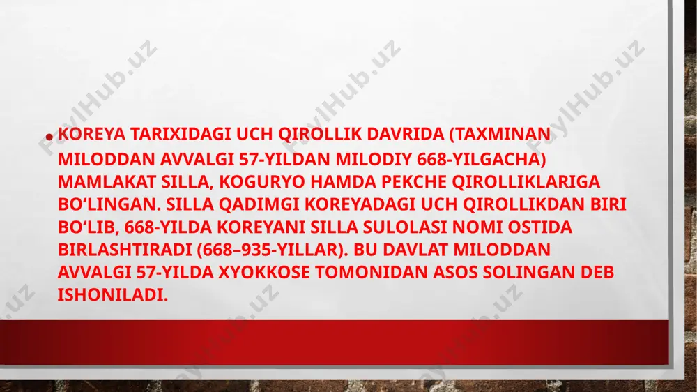 bul qilgach, xitoyliklar madaniy jihatdan taʼsir oʻtkazishda davom etdi. koguryo oʻta militaristik (tajovuzkor harbiy siyosatni targʻib qiluvchi) davlat boʻlish bilan birga kuchli imperiya va sharqiy osiyodagi buyuk davlatlardan biri edi. davlat v asrda buyuk qirol gvangaeto va uning oʻgʻli qirol jangsu hukmronligi davrida, ayniqsa, manjuriyaga uyushtirilgan yurishlar chogʻida gullab-yashnadi. keyingi bir asr yoki undan ham koʻproq vaqt davomida koguryo manchuriya va shimoliy koreya yarimorolida hukmronlik qildi. koguryo asta-sekin manjuriyadagi liaodong tekisliklarini va hozirgi seul hududini ham egalladi. nihoyat qirol gvangaeto koreya uch qirolligining erkin birlashuviga erisha oldi. koguryo, shuningdek, manchuriyadagi tungus qabilalarini ham boshqargan. xitoyda dastlab suy sulolasi, keyinroq tan sulolasi hukmronligi oʻrnatilgandan soʻng qirollik — 668-yilda ittifoqchi silla-tang qoʻshinlari tomonidan bosib olinmaguncha — xitoy, silla va baekje hujumlariga qarshi tajovuzkor harakatlarini davom ettirgan. koguryo hududining katta qismi xitoyning tan sulolasi tomonidan, baekje yerlari esa silla davlati tomonidan bosib olingan. e’tiboringiz uchun rahmat image3.jpg image4.jpeg image5.jpeg image6.jpeg /docprops/thumbnail.jpeg