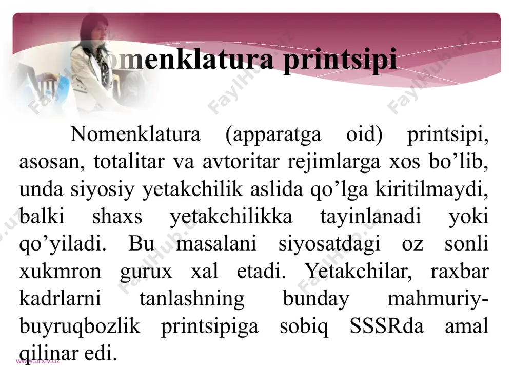ada rivojlantirishning istiqbollari ko’p jixatdan barkamol yosh avlodga bog’liqdir. www.arxiv.uz xulosa, siyosiy yetakchilik ikki xil usulda, ya’ni nomenklatura yoki demokratik yo’l bilan shakllanadi. siyosiy yetakchilikning ijtimoiy axamiyati to’g’ridan-to’g’ri siyosiy madaniyat darajasi va ommaning faolligi bilan bog’liq. faol siyosiy madaniyatning, barqaror demokratik an’analarning mavjudligi, davlat tomonidan nazorat qilinmaydigan fuqarolik jamiyati va siyosiy muxolifatning borligi zaif yetakchilar uchun imkoniyatlarni keskin kamaytiradi. turli xil o’zboshimchalik va xokimiyatni suiiste’mol qilishning oldini oladi, shu bilan birga, siyosatda individual qobiliyatlar xamda talantlarni namoyon qilishga keng yo’l ochib beradi. www.arxiv.uz e’tiboringiz uchun rahmat! www.arxiv.uz image2.jpeg image3.jpeg image4.jpeg image5.jpeg image6.jpeg image7.jpeg image8.jpeg image9.jpeg image10.jpeg image11.jpeg image12.jpeg