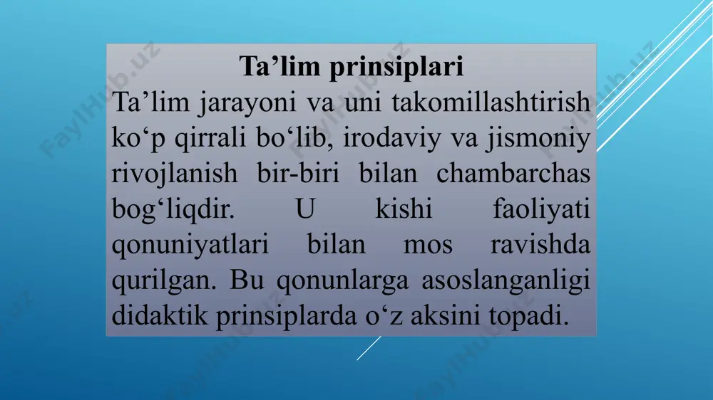 latda u yoki bu ta’lim prinsipini qo‘llashni mustaqil hal qilishi kerak. 2. sport to‘garagida o‘rgatish metodi. o‘rgatish metodlari o‘rgatish metodi deganda bilim, malaka va mahorat, harakat, axloqiy va irodaviy sifatlarni rivojlanish usullari jami tushuniladi. o‘qituvchi u yoki bu harakatni tushutiradi va namoyish qiladi, shug‘ullanuvchilar esa ularni o‘zlashtirib oladilar. metod shug‘ullanuvchilarning tayyorgarligi, material mazmuni, qo‘yilgan pedagogik vazifalarga ko‘ra tanlanadi. sport o‘yinlari bo‘yicha o‘quv-mashq jarayonida o‘rgatish metodlarini asosiy uchta guruhi mavjud: og‘zaki, ko‘rgazmali va amaliy metodlar. barcha metodlar o‘zaro bog‘liq bo‘lib, kompleks ravishda qo‘llanilganida yanada ko‘proq samara berishi shubhasiz. og‘zaki metodlar og‘zaki metodlarga quyidagilar kiradi: suhbat, tushuntirish, savol-javob, tahlil, vazifa, ko‘rsatma berish, farmoyish berish. suhbat metodi shug‘ullanuvchilarning texnik-taktik usullar, mashq metodlari hamda o‘yin faoliyatini tashkil etishga oid nazariy bilimlarini to‘ldirish uchun qo‘llaniladi. suhbat obrazli, jo‘shqin, tushunarli, murabbiyning nutqi ravon bo‘lishi kerak. tushuntirish orqali nafaqat harakat xarakteri va shaklini, balki uni to‘g‘ri bajarishga ta’sir etuvchi omillarni ham ochib beriladi. tushuntirish mashqni bajarishning dastlabki …