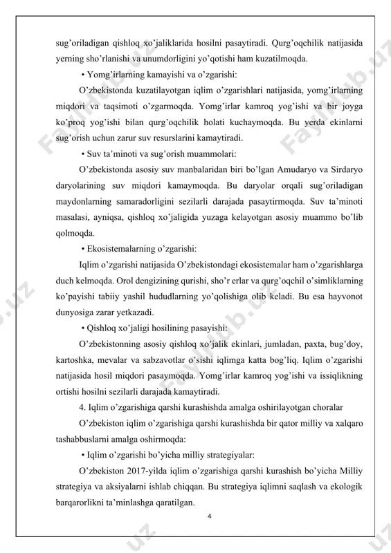 energiyaning ulushini oshirish maqsadida yangi loyiha va dasturlar amalga oshirilmoqda. • aholini ekologik tarbiyalash: aholi o’rtasida ekologik ongni oshirish, energiya resurslarini tejash va atrof-muhitni himoya qilish bo’yicha yirik tashviqot ishlari olib borilmoqda. • xalqaro hamkorlik va moliyaviy ko’maklar: o’zbekiston xalqaro tashkilotlar bilan hamkorlik qilib, iqlim o’zgarishiga qarshi kurashish uchun moliyaviy va texnik yordam olishni davom ettirmoqda. bmtning iqlim o’zgarishi bo’yicha konvensiyasi (unfccc) va boshqa global tashabbuslarda ishtirok etib, o’zbekiston o’zining iqlim siyosatini mustahkamlashga harakat qilmoqda. o’zbekistondagi iqlim o’zgarishi nafaqat ekologik, balki iqtisodiy va ijtimoiy muammolarga ham olib kelmoqda. iqlim o’zgarishining ta’siri iqtisodiyotning turli tarmoqlariga, xususan, qishloq xo’jaligi, suv resurslari va energetika sohalariga sezilarli darajada ta’sir qilmoqda. bu muammolarni hal etish uchun o’zbekiston davlat tomonidan amalga oshirilayotgan iqlim o’zgarishiga qarshi kurashish strategiyalarini kuchaytirishi, xalqaro hamkorlikni davom ettirishi va aholini ekologik tarbiyalashni kuchaytirishi zarur. 2.o’zbekistonda suv resurslarining kamayishi 1. suv resurslarining umumiy holati o’zbekiston — qurg’oqchil va yarim qurg’oqchil hududda joylashgan bo’lib, …