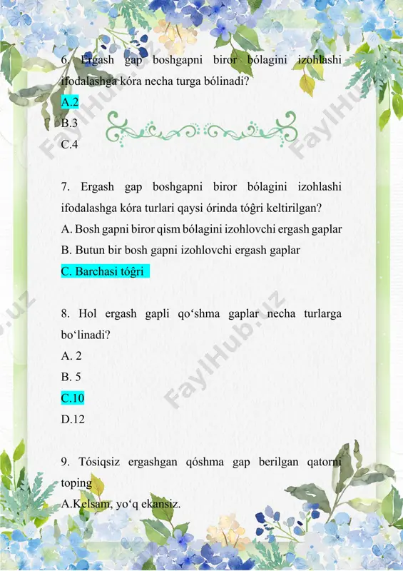 u keldi, chunki u va’da bergan edi. b) sen nima desang, men ham roziman. c) men kelganimda, ular o‘tirgan edi. d) shunday qildimki, hech kim sezmay qoldi. 20. ergashgan qo‘shma gaplarning qaysi turi “nega?”, “nima uchun?” savollariga javob beradi? a) sabab ergash gapli b) payt ergash gapli c) maqsad ergash gapli d) natija ergash gapli 21. “senga yordam berish uchun men ham bordim.” qaysi turga kiradi? a) sabab ergash gapli b) payt ergash gapli c) maqsad ergash gapli d) natija ergash gapli 22. “u qadar charchadimki, hatto darsga bora olmadim.” ushbu gap qanday ergash gapli? a) natija ergash gapli b) sabab ergash gapli c) shart ergash gapli d) payt ergash gapli 23. qaysi gap ega ergash gapli qo‘shma gapga misol bo‘ladi? a) men seni ko‘rganda, xursand bo‘ldim. b) kim mehnat qilsa, u muvaffaqiyatga erishadi. c) u darsga kelmadi, chunki u kasal edi. d) men kelganimda, ular o‘tirgan edi. 24. “gap …