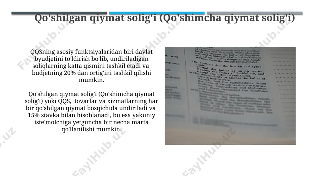 atning iqtisodiy siyosati va maqsadlariga bog'liq bo'lib, 2023 yil holatiga ko'ra, o'zbekistonda bu nisbat taxminan 60/40 ga teng bo'lishi mumkin. soliqlar iqtisodiyotni tartibga solish vositasi sifatida xizmat qiladi; masalan, yuqori daromadli tovarlarga qo'shimcha qiymat solig'ini (qo'shilgan qiymat solig'i - qqs) oshirish orqali iste'molni kamaytirish mumkin. daromad solig'i daromad solig'i jismoniy shaxslardan olinadigan daromadning 12% gacha bo'lgan qismini o'z ichiga oladi, bu esa davlat byudjetini to'ldirishga va ijtimoiy dasturlarni moliyalashtirishga xizmat qiladi. 2023-yil uchun daromad solig'i stavkasi turli darajadagi daromadlar uchun progressiv tarzda qo'llaniladi, ya'ni daromad yuqori bo'lsa, soliq stavkasining foizi ham yuqori bo'ladi. davlat byudjetini shakllantirishda soliqlarning roli soliqlardan tushgan mablag'larning 25% gacha qismi ijtimoiy himoya dasturlariga, ta'lim va sog'liqni saqlashga yo'naltiriladi, bu esa aholining turmush darajasini oshirishga xizmat qiladi. davlat byudjetining 70% dan ortig'i turli soliq turlari, jumladan, qo'shilgan qiymat solig'i (qqs) va daromad solig'i hisobidan shakllanadi, bu esa davlatning iqtisodiyotni boshqarishdagi muhim vositasidir. bojxona to'lovlari bojxona to'lovlari, ya'ni …