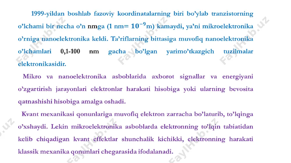 etadi. bunday hodisalarga o’lchamli kvantlash, elektron to’lqinlar interferensiyasi, potensial to’siqlar (baryerlar) orqali tunnellashuv kiradi. kvant mexanikasiga muvofiq tezlik bilan harakatlanayotgan m massali zarrachalar bilan de broyl to’lqinlari tarqalishi bog’liq. de broyl to’lqinlarining uzunligi quyidagi formula yordamida topiladi masalan, bir volt tezlatuvchi potensial ta’sirida bo’lgan elektron to’lqin uzunligi 12,25· sm li to’lqin bilan xarakterlanadi. elektron tezligi qanchalik katta bo’lsa, uni xarakterlovchi to’lqin shunchalik kichik bo’ladi. elektron harakatlanishi davomida kristall panjara bilan to’qnashadi. to’qnashishlar orasidagi vaqt davomida u to’lqin uzunligi bo’lgan de broyl to’lqinlarini uzluksiz tarqatadi. bu yerda, – elektronning o’rtacha tezligi. odatda, δx oraliqda bir necha o’n λ yotadi. shuning uchun zarra koordinatasi δx aniqlikda topilishi mumkin (geyzenberg noaniqligi). shunday qilib, yarimo’tkazgich asbob o’lchamlaridan biri de broyl to’lqin uzunligiga yaqinlashganda o’lchamli kvantlash sodir bo’ladi. elektron energiyasining kvantlanishi lokallashuv effekti deb ataladi. agar lokallashuv bitta yo’nalish bilan chegaralangan bo’lsa, bunday nanotuzilma kvant chuqurligi deb ataladi. ikki yo’nalishda lokallashgan nanotuzilma kvant sim yoki …