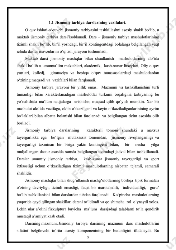 b qaraladi. lekin bunday tushuncha bir tomnlama bo‘lib tarbiyalash, solamlash-tirish, bilim berish vazifalarini’al qilishda shuul-lanuvchilar uchun faoliyat predmeti bo‘lib xizmat qiladi. mashqlar tarkibi - darsning umulashtirilgan predmetining mazmuni, keng ma’noda dars mazmunining bir qirrasi xolos. tavsiya qilingan mashqlarning bajarish bilan boliq bo‘lgan o‘quvchilarning darsdagi faoliyati mazmuni. dars mazmunining bu tomoni shuullanuvchini turli ko‘rinishdagi, intellektual va jismoniy faoliyatdan iborat bo‘lib ularga quydagilar kiradi: pedagogni eshitish, ko‘rsatilayotganni kuzatish,’osil bo‘lgan tasavvuri ustida fikr yuritish, bajarilishi lozim bo‘lgan faoliyatni loyihasini tuzish, uni bajarish, o‘z xarakatlarini nazorat qilish va baxolash, vujudga kelgan masalar bo‘yicha pedagog bilan mu’okama, o‘z kayfiyatini nazorat qila olish, vujudga kelgan emotsional xolatlarini boshqarish va boshqalar. shuullanuvchilarining barcha faoliyatilarining (dars vazifasi bo‘yicha) barchasi dars mazmunining asosini tashkil etadi. v) pedagog faoliyatning mazmuni quyidagi xolatlarda namoyon buladi. uyga vazifa berish va uni tushuntirish, darsga aniq vazifa belgilash va uni bajarishni tashkillash, shuullanuvchilarni doimiy nazoratda ushlash, ularni faoliyatini taxlil qilish, shuningdek shuullanuvchilarning faoliyatini lozim …