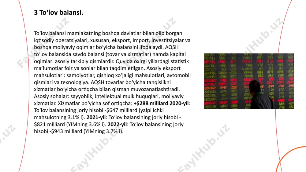 (guruch, soya, makkajo'xori), farmatsevtika mahsulotlari. xizmatlar: moliyaviy xizmatlar, intellektual mulk, sayyohlik va ta’lim xizmatlari. kanada: $360 milliard (+8% o‘sish). xitoy: $180 milliard (+4% o‘sish) meksika: $160 milliard (+5% o‘sish) yaponiya: $90 milliard (+3% o‘sish) tovarlar: elektronika (kompyuterlar, telefonlar, qismlar), kiyim-kechak, avtomobillar, neft va energiya mahsulotlari, tibbiy asboblar. aqshning umumiy eksport hajmi 2023-yilda $2.5 trillionni tashkil etadi. bu 2022-yilga nisbatan 6.2% o‘sishni anglatadi. tovarlar: avtomobillar, samolyotlar, elektronika, qishloq xo‘jaligi mahsulotlari (guruch, soya, makkajo‘xori) va farmatsevtika mahsulotlari. xizmatlar: moliyaviy xizmatlar, intellektual mulk, turizm va ta’lim xizmatlari. eksport o‘sishi: 7% import o‘sishi: 8% 6 eksport-import. ... t.me/slaydai_bot aqshda maxsus iqtisodiy zonalar (miz) mamlakatning iqtisodiy o‘sishini va sanoat sektorining rivojlanishini qo‘llab-quvvatlash uchun yaratilgan. bu zonalar, asosan, cheklangan soliq imtiyozlari, bojxona imtiyozlari, hamda xorijiy investitsiyalarni jalb qilish uchun turli xil rag‘batlantirishlar taqdim etadi. aqshda maxsus iqtisodiy zonalar muayyan hududlarda, odatda, tarmoqni diversifikatsiya qilish va innovatsiyalarni rag‘batlantirish maqsadida tashkil etiladi. aqshda 2023-yil holatiga ko‘ra, 250 dan …