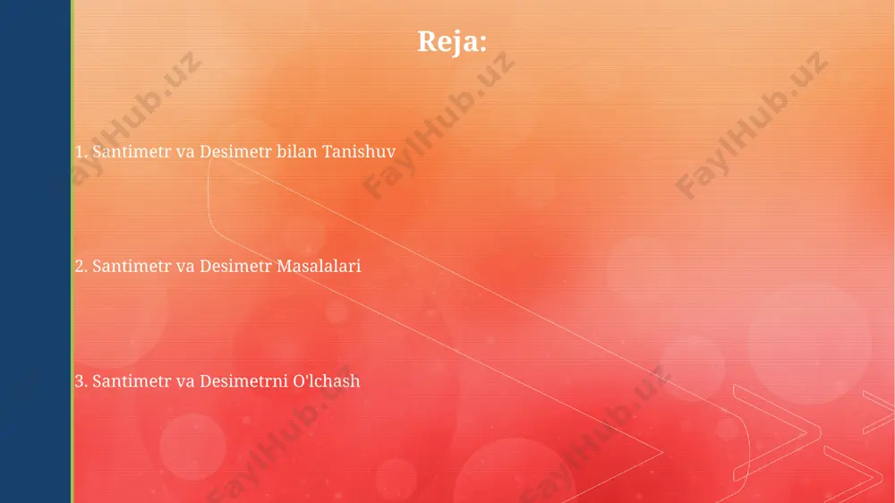 sotib olingan lenta o'lchagich yordamida amalda tekshirish mumkin. toshkentdagi maktabda o'tkazilgan tajriba shuni ko'rsatdiki, 1 desimetr uzunlikdagi qalam 10 ta 1 santimetr uzunlikdagi qalamlar bilan teng uzunlikka ega. bunda o'lchov xatolarining minimallashtirilishiga alohida e'tibor qaratildi. santimetr va desimetr o'lchovlari farg'ona viloyatida 1-sinf darsida, 30 sm uzunlikdagi ipni o'lchab, uni 3 dm ga tenglashtirish orqali, o'quvchilar santimetr va desimetr o'rtasidagi bog'liqlikni tushunishdi. samarqanddagi 1-sinf o'quvchisi 10 sm uzunlikdagi qalamni 1 dm uzunlikdagi daftar bilan taqqoslab, desimetrning santimetrdan 10 marta katta ekanligini aniqlay oladi. mustahkamlash va takrorlash 10 sm uzunlikdagi 3 ta tayoqchadan foydalanib, o‘quvchilarga 30 sm uzunlikdagi chiziqni yasashni va uni desimetrga o‘tkazishni (3 dm) amaliy mashqlar orqali mustahkamlash mumkin. bunday mashqlar samarqanddagi maktablarda samarali qo‘llanilgan. o‘quvchilarga 1 dm va 2 dm uzunlikdagi turli predmetlarni (masalan, qalam, o‘chirgich) topish va ularning uzunligini santimetrda o‘lchash, keyin desimetrga o‘tkazish vazifasini berish orqali bilimlarini mustahkamlash mumkin. bu toshkentdagi eksperimental maktablarda sinab ko‘rilgan. desimetr nima? …