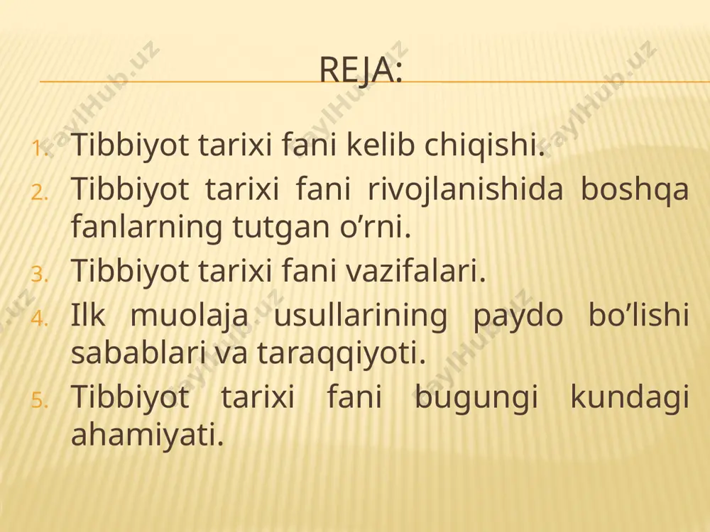 lib chiqqani va rivojlanganini manbalarga asoslanib tushuntirib berishdir. unda tibbiyotning kelib chiqishi va rivojlanishi haqidagi turli tushunchalar, fikrlar va nazariyalar tahlil qilinadi. ilk muolaja usullarining paydo bo’lish sabablari va taraqqiyoti tarixiy ma'lumotlarning ko'rsatishicha oddiy muolaja usullari hali yer yuzida odam paydo bo'lmasdan oldin ham ma'lum bo'lgan. masalan, ba'zi hayvonlar tabiatda shifobaxsh o'simliklar mavjudligini biiganlar va ulardan foydalanganlar. kasallikdan qutilish uchun "tashqi tibbiyot" ya'ni har xii davo tadbirlarini amalga oshirish ham zarur ekan. shuning uchun turli muolaja usullari ishlab chiqiia boshlagan. “tashqi tibbiyot“ tushunchasi paydo bo’ldi. gippokrat shuni ta'kidlab "tabiat davolaydi, tabib unga yordam beradi" - degan edi. tibbiyot tarixi fanining bugungi kundagi ahamiyati ilmiy tibbiyotning shakllanish jarayoni quyidagicha amalga oshgan: bemorlarni davolashda ishlatiladigan dori-darmonlarning soni asta-sekin ko'paya borgan. har bir dorining xusuiyati va ta'sirini biror yo'l bilan belgilab qo'yish zaruriyati tug'uldi. shu vaqtda yozuv kashf etildi. tibbiyotning fan sifatida shakllanishida yozuvning kashf etilishi hal qiluvchi ahamiyatga ega bo'ldi. aynan yozuv …