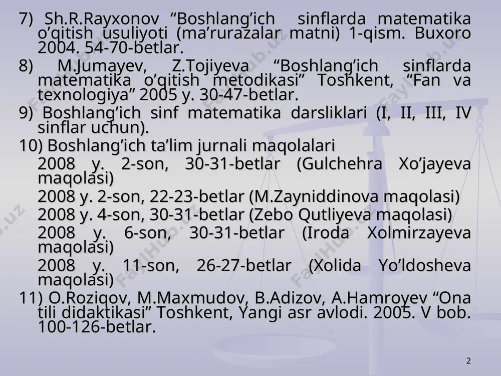 rsligida ta’lim metodiga quyidagicha ta’rif keltirilgan: “ta’lim metodi – o’qituvchi va o’quvchilarning ma’lumot mazmuniga yo’nalgan faoliyatini tartibga solish yo’lidir”. * l.n.skatkin o’zining kitobida o’qitish metodiga quyidagicha ta’rif berdi: o’qitish metodlari – bu darsda o’quvchilar bilish faoliyatlarini tashkil etish usulidir. * bu ta’rifga buyuk psixolog i.ya.lerner ham qo’shiladi. lekin, uslubshunos olim nikandirov o’zining doktorlik dissertasiyasida o’qitish metodlariga ta’rif berar ekan “o’qitish metodlari bu darsda o’quvchilarning bilish faoliyatlarini boshqarish usullaridir” deb ta’kidlaydi. * moskva shahridagi “o’qitish mazmuni va metodlari ilmiy tadqiqot ishlari” institutining biologiya sektorida o’qitish metodlariga quyidagicha ta’rif berildi: “o’qitish metodlari – bu darsda o’qituvchi va o’quvchilarning ish faoliyati bo’lib, uning evaziga o’quv tarbiya ishlari hal etiladi”. * yoki shu institutning “boshlang’ich ta’lim” sektorida a.m.pishkalo rahbarligida quyidagicha ta’rif keltirildi: o’qitish metodlari – bu darsda o’qituvchi va o’quvchilarning birgalikdagi faoliyati bo’lib, uning evaziga bilim beriladi, malaka va ko’nikmalar hosil qilinadi, o’quvchilarda dunyoqarash va mustaqil ishlash elementlari shakllanadi, ular hayotga va mehnatga tayyorlanadi. …