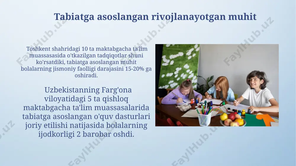 нинг ривожланишини кўрсатди. ijodkorlikni rivojlantirish uchun 5-7 ёшли болаларга тошкентдаги мактабгача таълим муассасаларида 30 дан ортиқ турли хил ижодий фаолият турлари, жумладан, расм чизиш, ҳайкалтарошлик ва театр саҳнасини ташкил этиш таклиф этилади. e'tiboringiz uchun rahmat @taqdimot_robot image4.png image5.jpg image6.jpg image7.jpg image8.jpg image9.jpg image10.jpg image11.jpg image12.jpg image13.jpg image14.jpg image15.jpg image16.jpg image17.jpg image18.jpg image19.jpg image20.jpg image21.jpg image3.jpeg