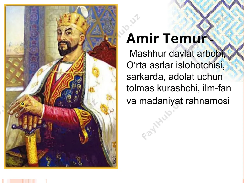 tarqatishni o'z buyukligimning qudratli zamini deb bildim.men inson bir onadan tug'igan deb ishonaman. o'n birinchi sifat:men doim saidlarga ehtirom bilan qarardim, ulamo va shayxlarni e'zozlardim. bu kishilarni doimo majlislarimga chaqirardim.ularni din haqidagi gaplarini diqqat bilan tinglar edim va ularga amal qilar edim. o'gitlarini mog'iyati va vazifasiga qarab quyidagi guruxlarga ajratgan din va shariat; davlat va uni idora etish; kengash o'tkazish; podsho va vazirlar. axloq va odob haqidagi o'gitlari adolat va adolatsizlik; so'z va ishning birligi; do'st va dushmanlik; botirlik va qo'rqoqlik; so'z va shirinsuxanlik; olloh — ul har narsaga qodir kuch, sidqidildan sig'insang, istagan murodu maqsadingga etkazadi; tafakkur — fikrlash va mushohada qobiliyati; qilich — ul yigitning yo'ldoshi, el-yurt osoyishtaligining posboni, har qanday dushmanning mahv etish quroli, uning qudrati ila dinsizlarni dinga solmoq mumkin; imon — ul insonni barcha jonlilardan farqlantirib turuvchi xususiyatdir. imonli odam xiyonat qilmaydi, qarindosh-urug'lari, elu-xalqning or-nomusini himoya qiladi, halollik va poklikni fazilat biladi; kitob (bitik) — …
