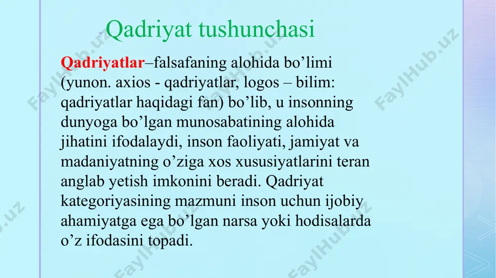 jodida insonparvarlik va hurfikrlilik qadriyatlari birinchi o’ringa chiqqan. jumladan a.navoiyning odil jamiyat qurish haqidagi g’oyasida umuminsoniy qadriyatlar tizimi, muhabbat, komil inson ta‘limotida esa eng yetuk inson qiyofasiga xos shaxsiy qadriyatlar tizimi ifodalangan. qadriyatlar nazariyasi falsafiy bilimlarning ilmiy tizimi sifatida xix asrning ikkinchi yarmida vilgelm vindelband, rudolf lotse, german kogen, genrix rikkert kabi nemis faylasuflarining asarlarida shakllana boshladi. ayni shu davrda r. lotse va g.kogen ob‘ekt ma‘nosidagi qadriyat tushunchasiga ilk bor falsafiy ta‘rif berdi. xx asrning boshida fransuz faylasufi p.lapi qadriyatlar nazariyasini ifodalash uchun «aksiologiya» (yunon. axios - qadriyat, logos – fan, ta‘limot) atamasini muomalaga kiritdi. keyinchalik aksiologiya muammolari fenomenologiya, germenevtika, ekzistensializm va boshqa falsafiy yo’nalishlarning vakillari tomonidan tadqiq etildi. mamlakatimizda qadriyatlar haqidagi fan sho’ro davrida, uning nazariy asosini idealistik falsafa tashkil qilgani uchun rad etildi. xx asrning 80-yillaridan e‘tiboran bu nazariya rivojlana boshladi. bu dastlab x. shayxova ijodida milliy qadriyatlarning asosiy shakllari, inson qadri va shaxsiy qadriyatlarning tahlilida o’z ifodasini …