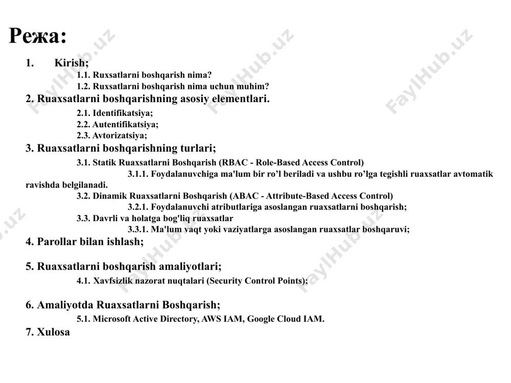 ariga kirishni cheklash, faqat vakolatli foydalanuvchilarga imkoniyat berish va ular tomonidan bajarilishi mumkin bo'lgan amal turlarini belgilashdir. ruxsatlarni boshqarishning asosiy tamoyillari: ruxsatlarni boshqarishning asosiy tamoyillari: identifikatsiya (identification)— bu tizim yoki xizmat tomonidan foydalanuvchini aniqlash va tasdiqlash jarayonidir. autentifikatsiya (authentication) – foydalanuvchi yoki tizimning haqiqiyligini aniqlash. odatda parol, biometrik ma'lumotlar yoki identifikatsiya kartalari orqali amalga oshiriladi. avtorizatsiya (authorization) – vakolatli foydalanuvchilarga qanday huquqlar berilganini aniqlash. bunda foydalanuvchiga qanday resurslardan foydalanish va qanday operatsiyalarni bajarish huquqi borligi belgilanadi. auditlash (auditing) – foydalanuvchilar tomonidan bajarilgan amallarni kuzatish va hujjatlashtirish. bu xavfsizlikka oid xatti-harakatlarni kuzatish va xavfsizlik buzilishi holatlariga javob berish uchun muhimdir. ruxsatlarni boshqarish tizimlari ko'pincha quyidagi modellardan foydalanadi: ruxsatlarni boshqarish tizimlari ko'pincha quyidagi modellardan foydalanadi: dac “discretionary access control” (diskretlashtirilgan (egasining ihtiyoriga ko’ra) ruxsatlarni boshqarish) – bu modelda obyekt egalari o'zlariga tegishli resurslarga kim kirishi mumkinligini belgilash huquqiga ega. misol: bir kompaniyada har bir xodim o'z kompyuterida joylashgan hujjatlarning egasi hisoblanadi. masalan, …