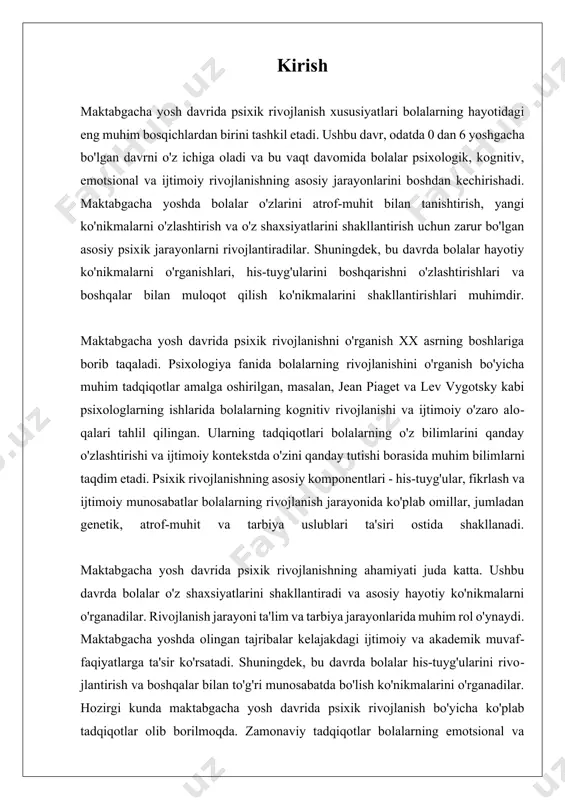 sional rivojlanish, bolalarning his-tuyg'ularini anglash, ifoda etish va boshqarish jarayonlarini o'z ichiga oladi. bu jarayon asosan 0 dan 6 yoshgacha bo'lgan davrda kechadi, bu vaqt ichida bolalar o'z his-tuyg'ularini tan olish va boshqalar bilan muloqotda bu his-tuyg'ularni qanday ifoda etishni o'rganadilar. emotsional rivojlanish bolalar uchun nafaqat individual rivojlanish, balki ijtimoiy muhitda muvaffaqiyatli faoliyat yuritish uchun ham zarurdir. bolalar emotsional rivojlanish jarayonida turli his-tuyg'ularni, masalan, quvonch, g'azab, qo'rquv, va xafa bo'lish kabi his-tuyg'ularni o'zlashtiradilar. jean piagetning kognitiv rivojlanish nazariyasi ham bolalarning his-tuyg'ularini anglash jarayonini tushunishga yordam beradi. unga ko'ra, bolalar o'z his-tuyg'ularini tushunish va ifoda etish orqali atrof-muhitlari bilan muloqotda bo'lishni o'rganadilar. masalan, 2-3 yoshdagi bolalar, o'z his-tuyg'ularini ifoda etishda ko'proq verbal va noverbal usullarga murojaat qiladilar. ular qiyofalar, tovushlar va harakatlar orqali his-tuyg'ularini ifoda etishni o'rganadilar, bu esa ularning muloqot qobiliyatlarini oshiradi. bolalarning emotsional rivojlanishi, shuningdek, ijtimoiy aloqalar orqali ham rivojlanadi. bolalar o'z tengdoshlaridan, ota-onalaridan va tarbiyachilaridan emotsional qo'llab-quvvatlash olishadi, …