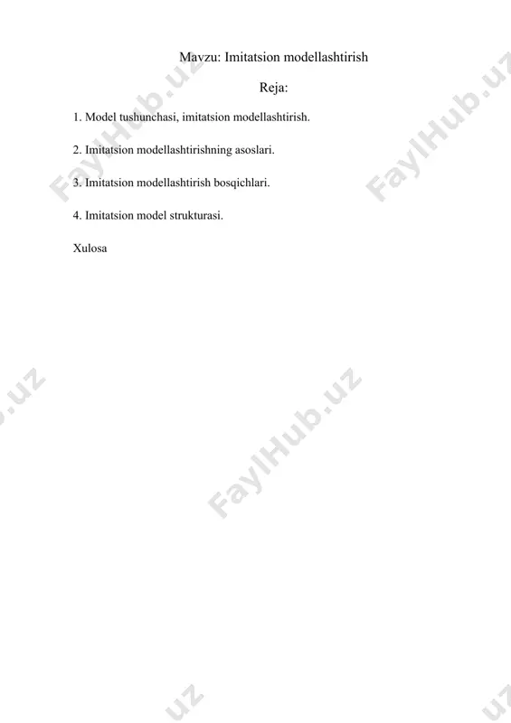 ning harakatlanishi vaqt diagrammasida yetarli darajada to‘liq aks ettiriladi, shuning uchun imitatsion modellashtirishni alohida elementlar harakatlanish xarakteri va ularning o‘zaro bog‘liqliklari haqidagi axborotlar asosida o‘rganilayotgan tizimning harakatlanish diagrammasining amalga oshirish jarayoni deb aytish mumkin. imitatsion modellashtirish odatda ehmda berilgan aniq mantiqiy algoritmik tasnifni amalga oshiruvchi dasturga binoan bajariladi. bunda o‘rganilayotgan tizimni ishlashining bir nechta soati, xaftasi yoki yillari ehmda bir necha daqiqa ichida modellanishi mumkin. ko‘p xollarda model tizimning aniq analogi emas, balki shunchaki ramziy aks ettirilishi bo‘ladi. lekin bunday model boshqa usul bilan bajarib bo‘lmaydigan o‘lchashlarni amalga oshirishga imkon beradi. imitatsion modellashtirish o‘rganilayotgan tizim ustida bevosita ta’sirsiz tajriba, baholash va ilmiy tajribalar o‘tkazishga imkon yaratadi. har qanday aniq tizimni tahlil qilishda birinchi qadamda elementlar ajratiladi va bu elementlarni o‘zaro ishlashini boshqaruvchi mantiqiy qoidalarni ifodalanadi. buning natijasida olingan tasnif tizimning modeli deb nomlanadi. modelning ichiga tizimning qiziqish o‘yg‘otayotgan yoki tadqiqotga muxtoj aspektlari kiradi. har qanday modelni yaratishdan maqsad modellanuvchi tizimning …