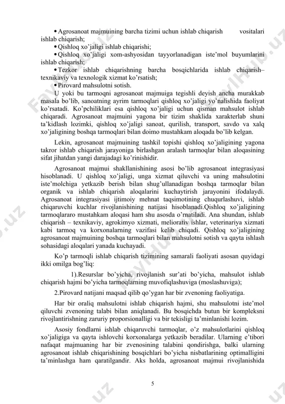 orxona va tashkilotlari, baliq xo’jaligi, o’rmon xo’jaligi va matlubot jamiyatlari kiradi. mamlakat agrosanoat majmuiga tarmoq belgisi bo’yicha quyidagi bir qancha kichik majmualarni kiritish mumkin: don mahsulotlari, paxta mahsulotlari, go’sht, sut, meva-sabzavot, uzum sanoatlari, baliq konserva va boshqalar. qishloq xo’jaligi nafaqat agrosanoat majmuida, balki butun xalq xo’jaligida alohida o’rinni egallaydi.qishloq xo’jaligi mahsulotlari aholini ehtiyojini qondirishning bosh manbai hisoblanadi.u boshqa sohada ishlab chiqarilmaydi yoki boshqa mahsulot bilan almashtirilmaydi. qishloq xo’jaligida yer, o’simlik, hayvonlar, mikroorganizmlar kabi o’ziga xos bo’lgan ishlab chiqarish vositalaridan foydalaniladi.bu yerda takror ishlab chiqarishning iqtisodiy jarayonlari tabiiy jarayonlar bilan qo’shilib ketadi. shuning uchun agrosanoat majmuining birinchi sohasi ishlab chiqarish tarmoqlari qishloq xo’jaligi ishlab chiqarishi jarayonini harakati va uni intensivlashtirishni tezlashtirish uchun qulay sharoitni ta’minlashlari kerak. o’z navbatida agrosanoat majmuining bu sohasi tarmoqlari, ishlab chiqarishning rivojlanish darajasi va sur’ati qishloq xo’jaliginig moddiy resurslarga bo’lgan ehtiyojiga bog’liq. qishloq xo’jaligining maxsus texnikalariga, paxta terish mashinalariga, avtomatlashtirish vositalariga, omuxta yem va mikrobiologiya sanoati mahsulotlariga, …
