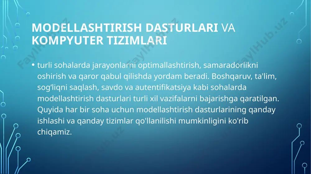 turli xil qarorlar natijalarini oldindan ko'rishga imkon beradi. - **ma'lumotlarni tahlil qilish (data analytics):** katta ma'lumotlarni tahlil qilish orqali boshqaruvchilarga muhim qarorlar qabul qilishda yordam beradi. masalan, **power bi** yoki **tableau** kabi vizualizatsiya vositalari. . **ta'lim (education)** ta'limda modellashtirish dasturlari, o'quv jarayonlarini va o'quvchilarning o'quv natijalarini tahlil qilishda, shuningdek, ta'limni personalizatsiya qilishda yordam beradi. modellashtirish dasturlari: - **learning management systems (lms):** ta'lim jarayonlarini boshqarish va optimallashtirish uchun ishlatiladi: - **moodle** – o'qituvchilar va talabalarga onlayn kurslarni boshqarish imkonini beradi. - **canvas** – o'qituvchilarga kurs materiallarini yaratish, talabalarning faoliyatini kuzatish imkoniyatlarini taqdim etadi. - **simulyatsiya va virtual o'quv muhitlari:** talabalarga amaliyotga oid simulyatsiya va virtual laboratoriyalar yaratish: - **labster** – virtual laboratoriyalar orqali ilmiy tajribalar va amaliyotlarni o'tkazish. - **phet** – fizika, kimyo va boshqa fanlar bo'yicha interaktiv simulyatsiyalar. modellashtirish usullari: - **adaptive learning (moslashuvchan o'quv tizimi):** o'quvchilarni individual ravishda qo'llab-quvvatlash va moslashtirilgan o'quv materiallarini taqdim etish. - **gamification (o'yinlashtirish):** ta'lim …
