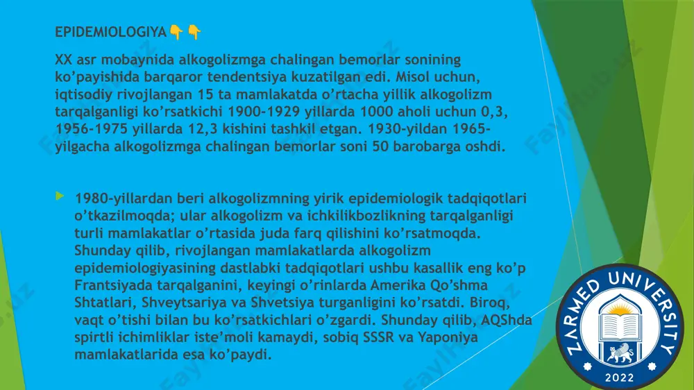 hda, uning qornida, bolasi ham ichadi. bola spirtli ichimliklarga ko’p vaqt sarflaydi va uning asab tizimi shok holatiga duch kelishi etarli. bu jarayon ayolning homiladorlik paytidagi har doim sodir bo’ladi. uzluksiz o’sish va rivojlanish jarayonida bo’lgan mevalar, bu spirtli ichimliklar bilan aloqa qilishda buni amalga oshiradi. bularning barchasi chaqaloqning tanasining kichik massasiga ta’sir qiladi. tug’ilgan vaqtida bolaning o’lishi ehtimolligi. homiladorlik davrida spirtli ichimliklarni suiiste’mol qilish onaning tanasidan vitamin yo’qotish bilan bog’liq bo’lib, u nafaqat bolaning sog’lig’iga emas, balki onasining salomatligiga ham salbiy ta’sir qiladi. bundan tashqari, bunday ayollar toksikozdan va tug’ruq paytida turli xil surunkali kasalliklarning kuchayib ketish ehtimoli rivojlanayotgan homila platsenta va kindik ichak orqali spirtli ichimliklarga ta’sir qiladi. spirtli ichimliklar homila tarkibida asta-sekin metabolizmga uchraydi va alkogolli amniotik suyuqlikni qayta qabul qilganligi sababli kattalarga nisbatan uzoq vaqt saqlanib qoladi.[13][14] spirtli ichimliklarga ta’sir qilish rivojlanayotgan homila va onaga jiddiy ta’sir ko’rsatadi. ayol homiladorlikni rejalashtirayotganda, spirtli ichimliklarni iste’mol qilishning xavfsiz …