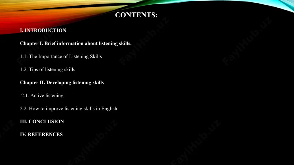 duals can build rapport, demonstrate empathy, improve communication, and foster positive relationships. key techniques for developing strong listening skills include maintaining focus, providing feedback, asking clarifying questions, and using nonverbal cues to enhance understanding. the goal of listening skills is to create meaningful connections, resolve conflicts, and promote effective communication in personal and professional settings. the aim of the research: effective listening skills also help in resolving conflicts, promoting collaboration, and creating a supportive and inclusive environment where all voices are heard and valued. ultimately, the goal of listening skills is to facilitate clear and meaningful communication that leads to mutual understanding and successful outcomes in various personal and professional interactions. methods of the research: the study utilizes qualitative textual analysis to scrutinize a diverse range of listening skills, and interpretive analyses to discern patterns of intertextuality, clearly the structure of the research: consist of introduction, chapter i and chapter …