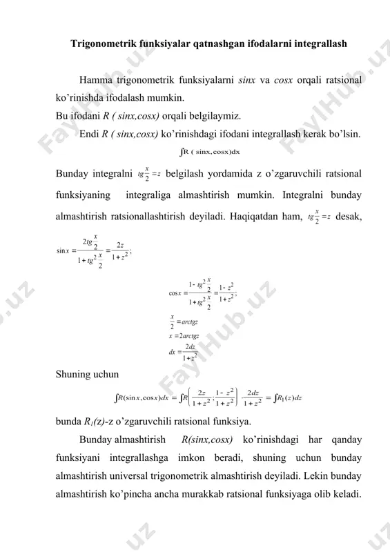 x d x dx dx x x dx x x dx x x x x x x dx j + - = = + = + × = × + = × = ò ò ò ò ò ò j x x dx = × ò sin cos 2 6 dz z 1 2 + , ) 1 ( ) 1 ( cos 1 cos 1 cos sin cos sin 2 2 2 2 2 2 4 2 4 2 2 6 2 z z x tg x tg x x tg x x x x x + = + = ÷ ø ö ç è æ = × = ; 5 3 5 3 ) 1 ) 1 ( cos sin 5 3 5 3 4 2 4 2 2 2 2 6 2 c x tg x tg c z z dz z dz z dz z z …