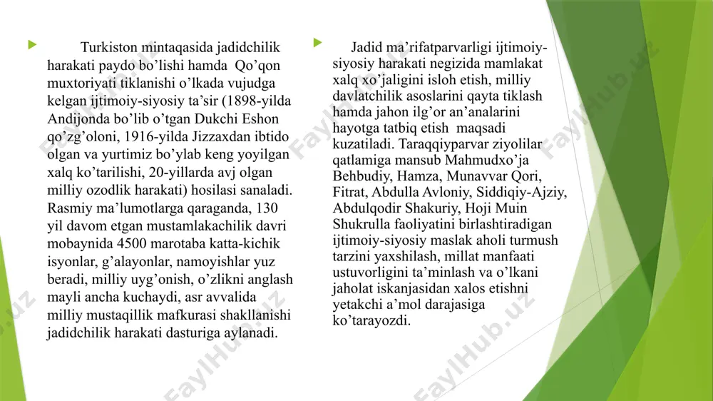 itratning «munozara», «hind sayyohi», «oila», «yurt qayg‘usi», «abulfayzxon», «shaytonning tangriga isyoni», «qiyomat», hamzaning «uyon, vatan!», «yig‘la, turkiston», «dardiga darmon istamas», «turkiston», «shundoq qolurmu», «yangi saodat...», «zaharli hayot...», «boy ila xizmatchi», «maysaraning ishi», «paranji sirlaridan bir lavha», «istibdod qurbonlari», «loshmon fojiasi», «farg‘ona fojiasi», qodiriyning «uloqda», «tinch ish», «kalvak maxzumning xotira daftaridan», «toshpo‘lat tajang nima deydi», ,,o‘tkan kunlar», «mehrobdan chayon», cho‘lponning «buzilgan o‘lkaga», «xalq», «ko‘ngil», «binafsha», «go‘zal farg‘ona», «go‘zal», «vahm», «istash», «galdir», «bahorni sog‘indim», «sirlardan», «yorqinoy», «kecha va kunduz» singari va boshqa yuzlab asarlar jadid adabiyotining yetuk namunalaridandir. ma’rifatparvarlik yoki jadid adabiyoti uch bosqichda: 1 ilk mustamlaka davri 1870-1905-yillar 2 milliy uyg`onish davri 1905-1917-yillar 3 ijtimoiy-siyosiy va mafkuraviy kurash davri 1917-1929-yillar milliy matbuotning shakillanishi xx asr boshiga kelib, ommaviy axborot vositalarining rivojlanishi, xalqaro aloqalarning takomillashuvi millatning ma’rifatli vakillariga o‘z xalqi hayotini dunyodagi mutaraqqiy xalqlar turmushi bilan solishtirish imkonini berdi. rossiyada 1905-yil oktabrdagi so‘z va matbuot erkinligi haqidagi manifestning qabul etilishi natijasida o‘zbek …