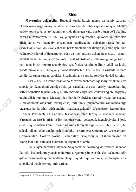 ilmiy muammolarni asl manbalarga tayangan holda tahlil etish muhim masalaga aylandi2. o’zbekiston respublikasi birinchi prezidenti i.a.karimov tashabbusi bilan tarixiy – madaniy merosni o’rganish va targ’ib etish, ta’lim tizimida yangi pedagogik texnologiyalarni joriy etish, o’quvchilarni komil inson darajasida tarbiyalashga katta e’tibor berilib, bu sohada ulkan ishlar amalga oshirilmoqda. tariximizda somoniylar, g‘aznaviylar, qoraxoniylar, xorazmshoxlar, temuriylar, shayboniylar, ashtarxoniylar va mang‘itlar kabi sulolalar hukmronlik qilganini bilamiz. shu nuqtai nazardan olganda shayboniylar davrining dolzarbligi shundan iboratki, biz bu davrni yanada muhimroq o‘rganmog‘imiz, o‘sha davrda hukmronlik qilgan xukmdorlar qilgan ishlarini chuqurroq tahlil qilmog‘imiz, ochilmagan, siru- sinoatlarni ochib bermog‘imiz darkor. 1 каримов и. а. тарихий хотирасиз келажак ёъқ. тошкент, шарқ. 1998. -б.5 3 mavzuning o‘rganilishi buxoro xonligida hukumronlik qilgan sulolalar shayboniylar va ashtarxoniylar davri harbiy sohasini yorituvchi ma’lumotlar an’anaga ko’ra, asosan moddiy va yozma manbalarga bo’linadi. sulolar tarixi o’rganishda asosan fors – tojik, eski o’zbek tili va yevropa tillarida bitilgan asarlar eng muhimidir. shayboniylar harbiy tizimi, qurol-yarog’lari …