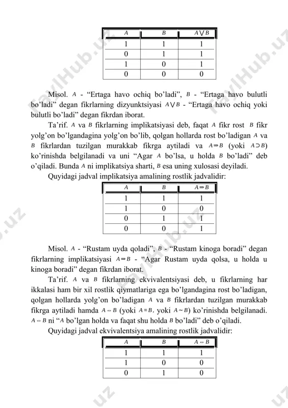 g har ikkalasi ham bir xil rostlik qiymatlariga ega bo’lgandagina rost bo’ladigan, qolgan hollarda yolg’on bo’ladigan va fikrlardan tuzilgan murakkab fikrga aytiladi hamda (yoki yoki ) ko’rinishda belgilanadi. ni “ bo’lgan holda va faqat shu holda bo’ladi” deb o’qiladi. quyidagi jadval ekvivalentsiya amalining rostlik jadvalidir: 1 1 1 1 0 0 0 1 0 0 0 1 misol. - “javlon kitob ustida ishlaydi”, - “javlon a’lochi” degan fikrlarning ekvivalentsiyasi - “javlon kitob ustida ishlagan holda va faqat shu holda a’lochi bo’ladi” degan fikrdan iboratdir. ekvivalentsiya tushunchasi matematikada muhim o’rin tutadi. ikkita fikrlardan birining rostligidan ikkinchisining rostligi kelib chiqadigan bo’lgan hollarda unga murojaat qilinadi. bu ekvivalentsiya ikki fikrlardan biri ikkinchisi uchun zaruriy va yetarli sharti ham deyiladi. masalan, - “ juft sondir”, - “ juft sondir” degan fikrlar bo’lsin. - “ juft son bo’lgan holda va faqat shu holda juft son bo’ladi” degan fikrdan iborat bo’ladi. misoldagi ekvivalentsiyani matematikada - “ …