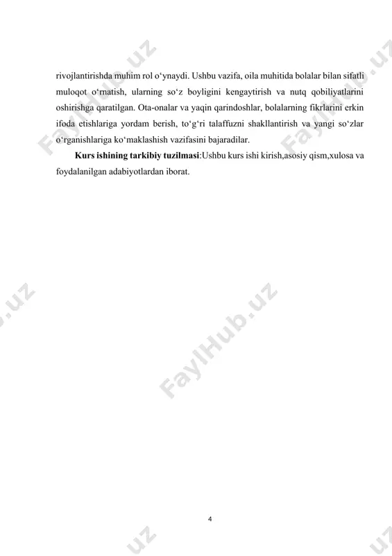 uz qilishga yordam beradi. ota-onalar bilan suhbatlar, bolalarga yangi so‘zlarni o‘rganish, ularni to‘g‘ri ishlatish va fikrlarini ifoda etish imkonini yaratadi. boshqa tomondan, agar maishiy muhitda nutqiy muloqot kam bo‘lsa yoki salbiy munosabatlar mavjud bo‘lsa, bu bolalarda nutq rivojlanishida qiyinchiliklarni keltirib chiqarishi mumkin. bundan tashqari, maishiy omillar bolalarning hissiy holatiga ham ta'sir qiladi. oila muhitidagi ijobiy va salbiy hissiyotlar, bolalarning nutq qobiliyatlarini shakllantirish jarayonida muhim rol o‘ynaydi. ijobiy muhit, bolalarning o‘zlariga bo‘lgan ishonchini oshiradi va ularning muloqotda faol ishtirok etishlariga yordam beradi. salbiy muhit esa, bolalarda nutq qobiliyatlarining pasayishiga olib kelishi, ularning o‘z fikrlarini ifoda etishda qiyinchiliklarga duch kelishlariga sabab bo‘lishi mumkin. shuningdek, maishiy muhitda bolalarning nutq rivojlanishiga ta'sir etuvchi boshqa omillar ham mavjud. oila a'zolarining ta'lim darajasi, o‘qish va yozish qobiliyatlari, shuningdek, ularning bolalar bilan muloqot qilish uslublari muhim ahamiyatga ega. ota-onalar va qarindoshlar tomonidan o‘qish, hikoya aytish va o‘yinlar orqali muloqot qilish, bolalarning nutq rivojlanishiga ijobiy ta'sir ko‘rsatadi. amaliy …