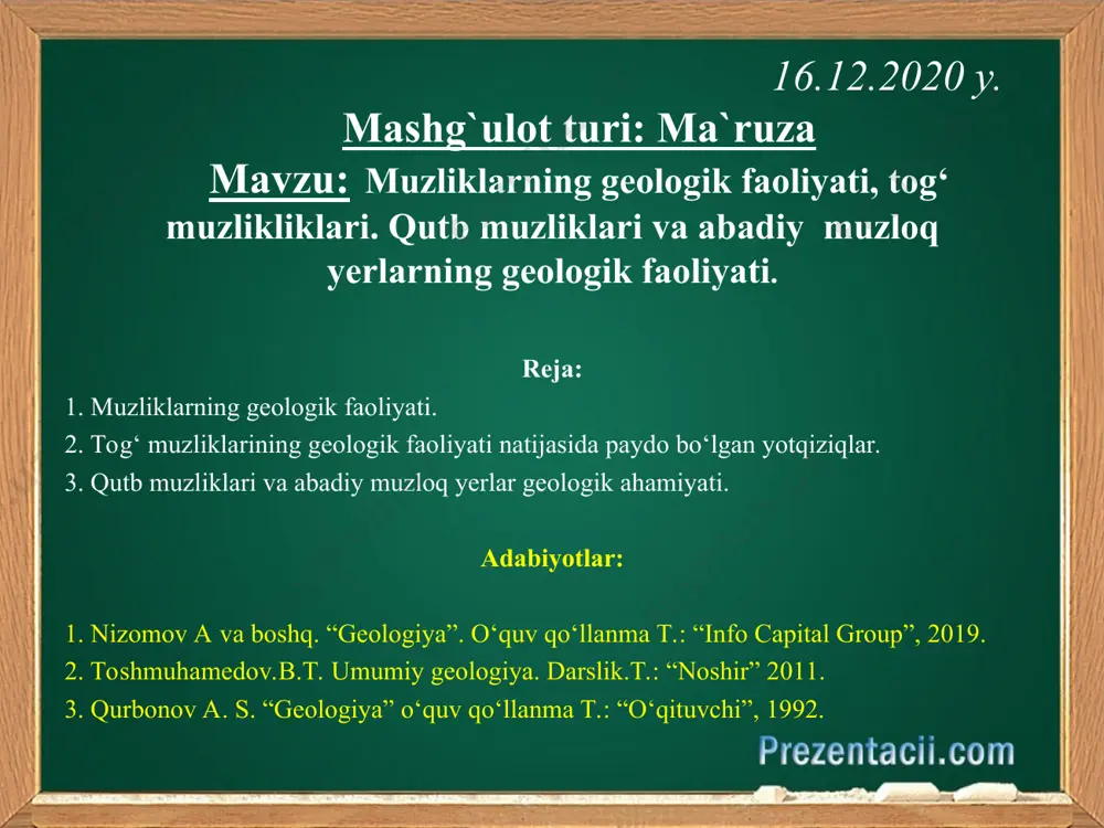 . qiyalik ortib borgan sari, muz massasining qalinligi ko‘rsatilgan darajada bo‘lishi shart emas. masalan, 450 qiyalikdagi hosil bo‘lgan 1,5-2 m qalinlikdagi muzlik ham siljish xususiyatiga ega. aynan shu harakat bir qancha tabiiy geografik jarayonlarning shakl­lanishiga asos bo‘la oladi. ular quyidagilardan iborat: materik muzliklarining harakati tufayli yuzaga keluvchi relef shakllari: taros. muz yuzasining harakatlanishi davomida tartibsiz, notekis harakatga kelishi. taroslar sifatida muzliklarning o‘rta qismida juda katta bosim vujudga kelib, yuzasining balandligi 10 m, ba’zi holatlarda undan ham yuqori bo‘lgan muz qatlamlari, yuqori qismi qirrador, ba’zan birmuncha yotiq, tik yonbag‘irli muz do‘ngliklari vujudga keladi. tarosli dalalar o‘nlab, ba’zan yuzlab km larga cho‘zilib ketadi. shu boisdan taroslar bo‘ylab harakatlanish juda qiyinlashadi. materik muzliklarining harakati tufayli yuzaga keluvchi relef shakllari: zandr dalalari. “datcha” sandur-qum yoki “islandcha” sand-qum ma’nosini beradi. materik muzliklarining chekka qismlarida morena jismlarining muz suvlari yuvib ketishi va qayta yotqizishi natijasida hosil bo‘lgan qum, shag‘al, qisman xarsang, chaqiq toshlar aralash do‘ngliklar betartib …