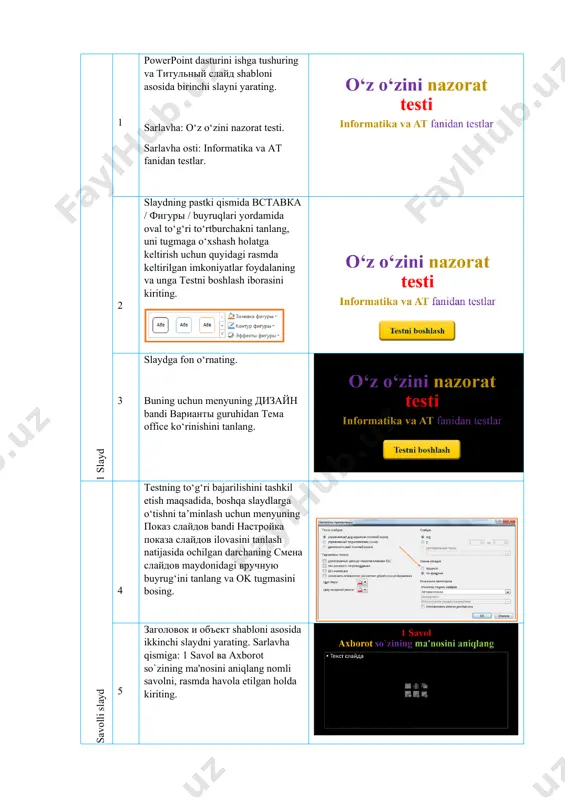 о‘rnating. buning uchun menyuning дизайн bandi варианты guruhidan тема office kо‘rinishini tanlang. savolli slayd 4 testning tо‘g‘ri bajarilishini tashkil etish maqsadida, boshqa slaydlarga о‘tishni ta’minlash uchun menyuning показ слайдов bandi настройка показа слайдов ilovasini tanlash natijasida ochilgan darchaning смена слайдов maydonidagi вручную buyrug‘ini tanlang va ok tugmasini bosing. 5 заголовок и объект shabloni asosida ikkinchi slaydni yarating. sarlavha qismiga: 1 savol ва axborot so`zining ma'nosini aniqlang nomli savolni, rasmda havola etilgan holda kiriting. 6 slaydning matn maydoniga savol javoblarini kiritish uchun, kursorni о‘rnating va формат bandi стили wordart ilovasidan birini tanlang sо‘ngra tartib bilan birinchi, ikkinchi, uchinchi va tо‘rtinchi javoblarni kiriting. ijobiy reaksiya slaydi 7 только заголовок shabloni asosida uchinchi ijobiy reaksiyani aks etuvchi slaydni yarating. unga tо‘g‘ri javob! iborasini kiriting. slaydning pastki qismida esa wordart obektlaridan birini tanlab, unga keyingi savolga о‘ting iborasini kiriting. salbiy reaksiya slaydi 8 yana только заголовок shabloni asosida salbiy reaksiyani aks etuvchi tо‘rtinchi slaydni …